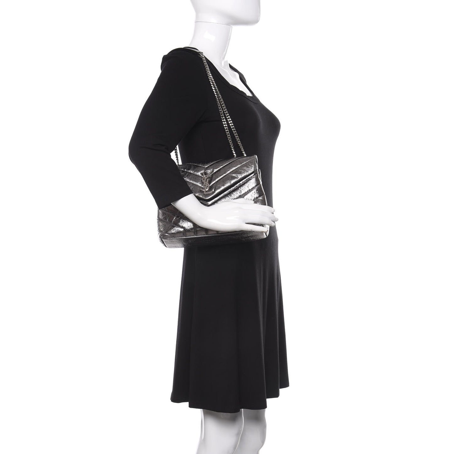 Metallic Calfskin Y Quilted Monogram Small Loulou Chain Satchel Acciaio