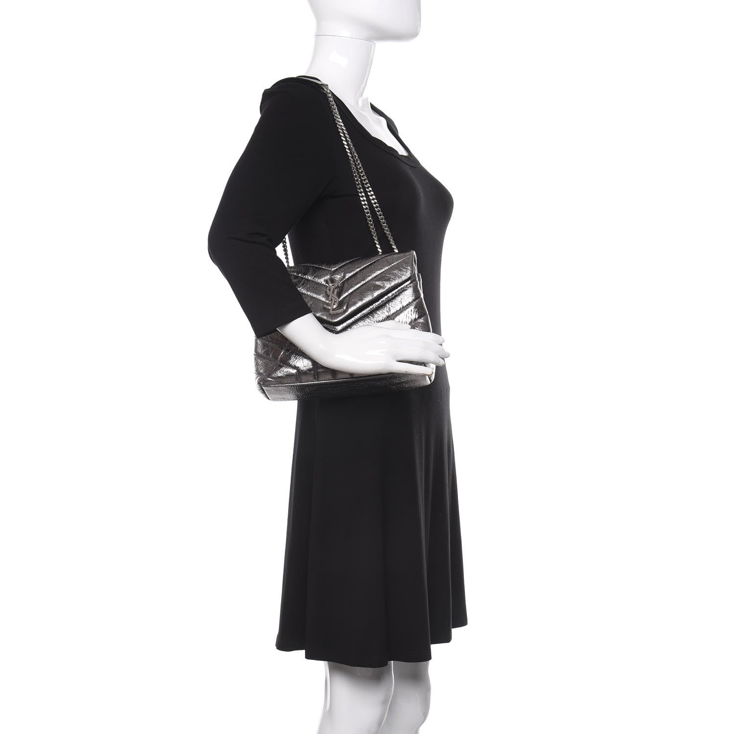 Saint Laurent Metallic Calfskin Y Quilted Monogram Small Loulou Chain Satchel Acciaio 2 of 10