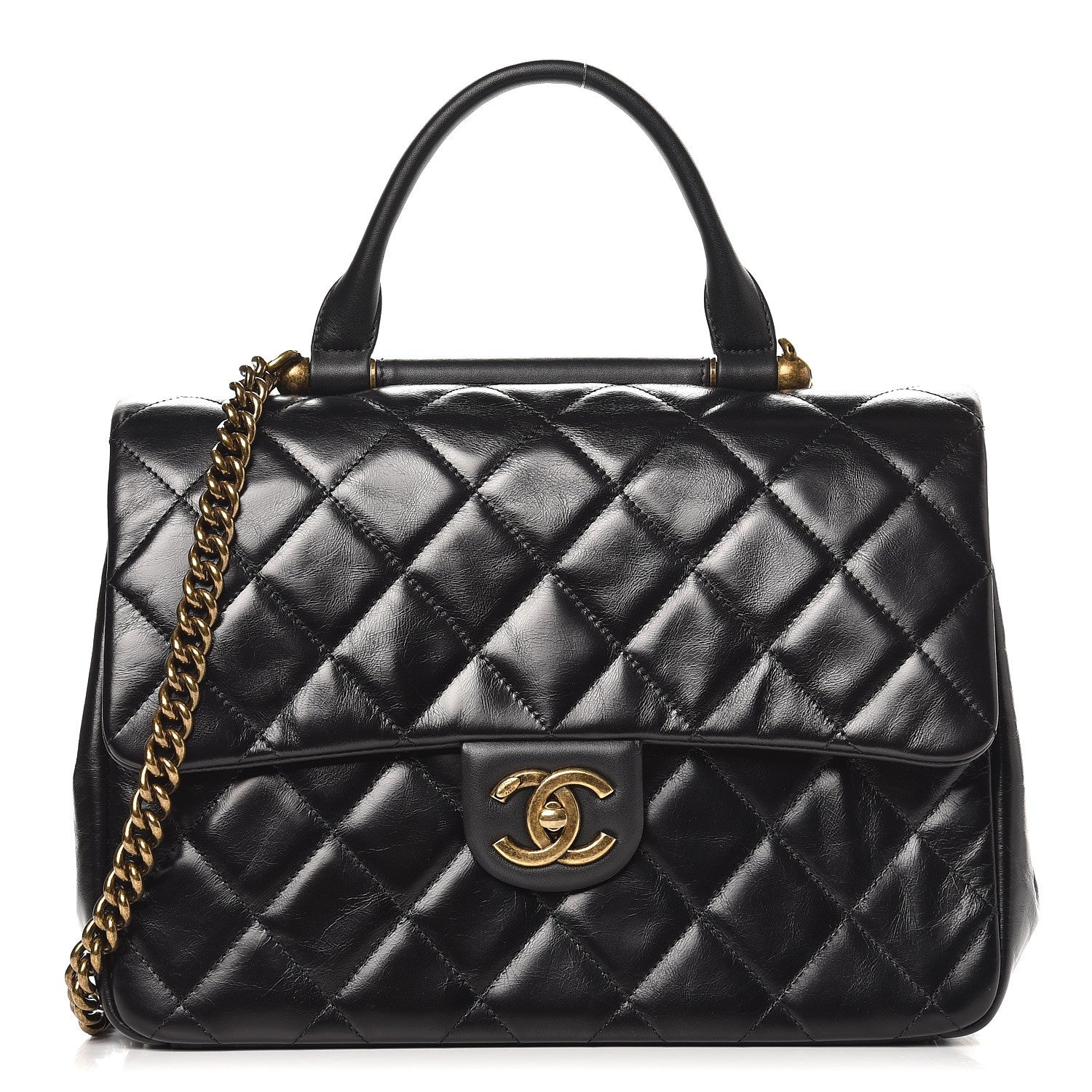 Chanel Calfskin Quilted Large Gold Bar Top Handle Flap Black 1 of 8