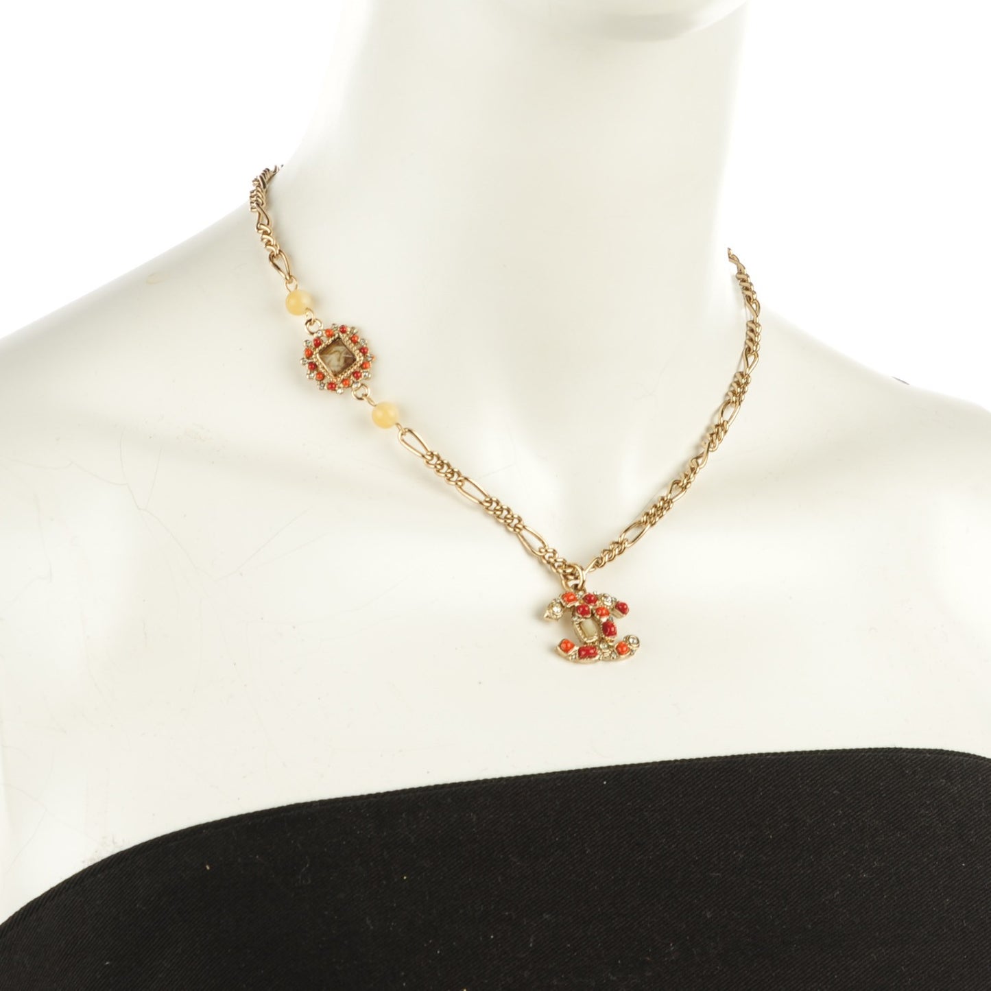 Crystal Gripoix Poured Glass CC Necklace Gold Red