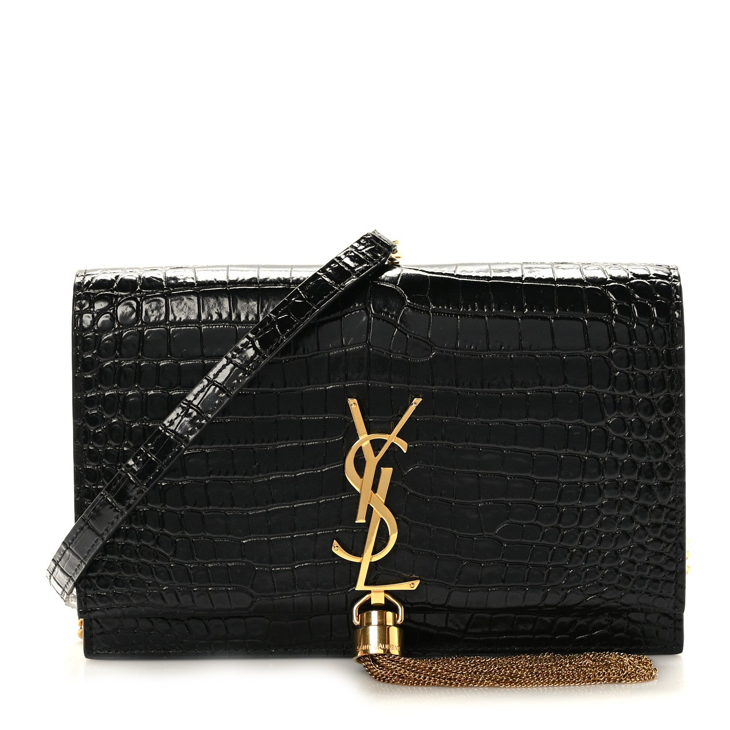 Saint Laurent Calfskin Crocodile Embossed Kate Monogram Tassel Chain Wallet Black 1 of 8