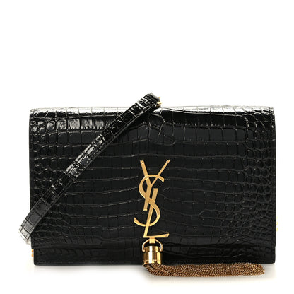 Saint Laurent Calfskin Crocodile Embossed Kate Monogram Tassel Chain Wallet Black 1 of 8