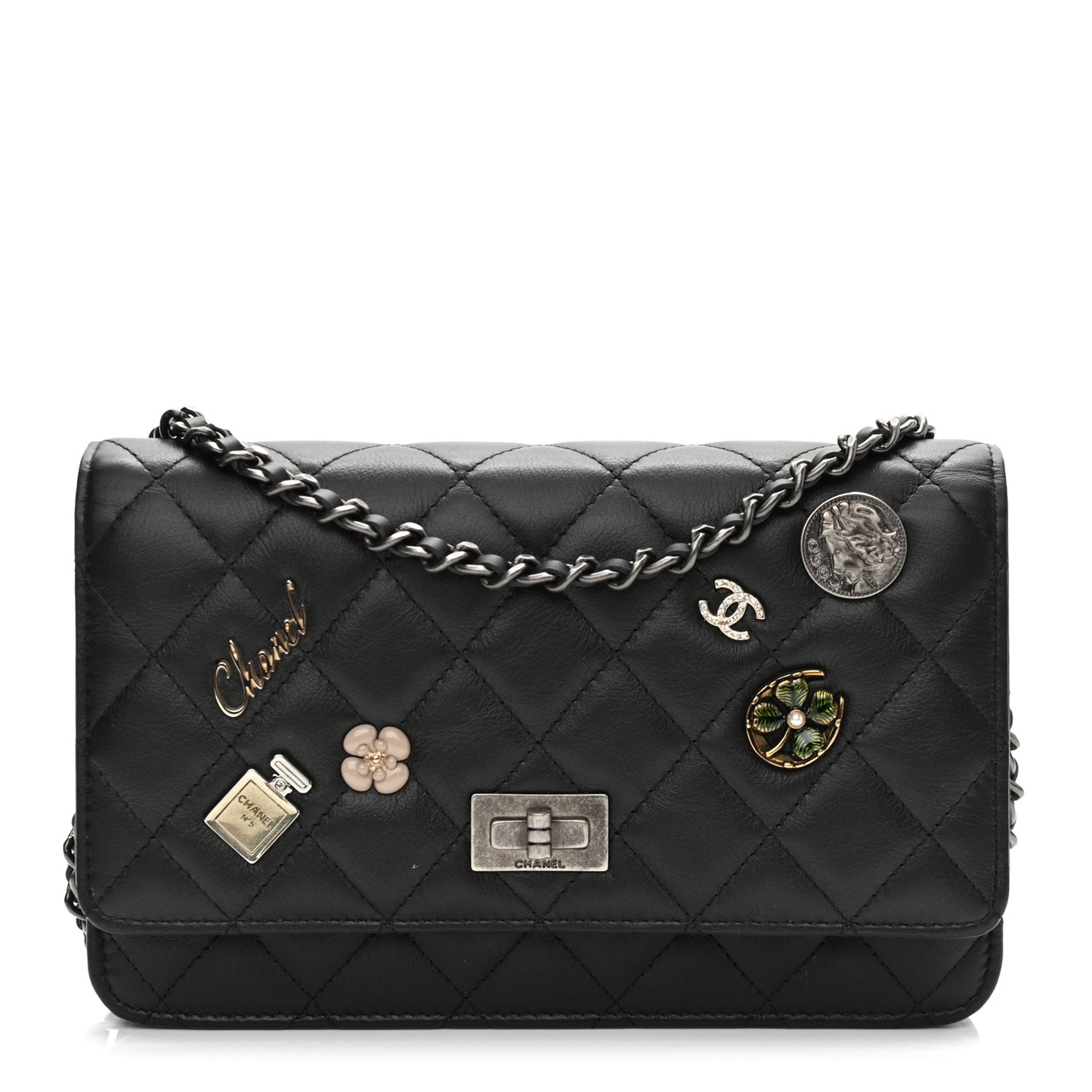 Aged Calfskin Quilted Lucky Charms 2.55 Reissue Wallet On Chain WOC Black