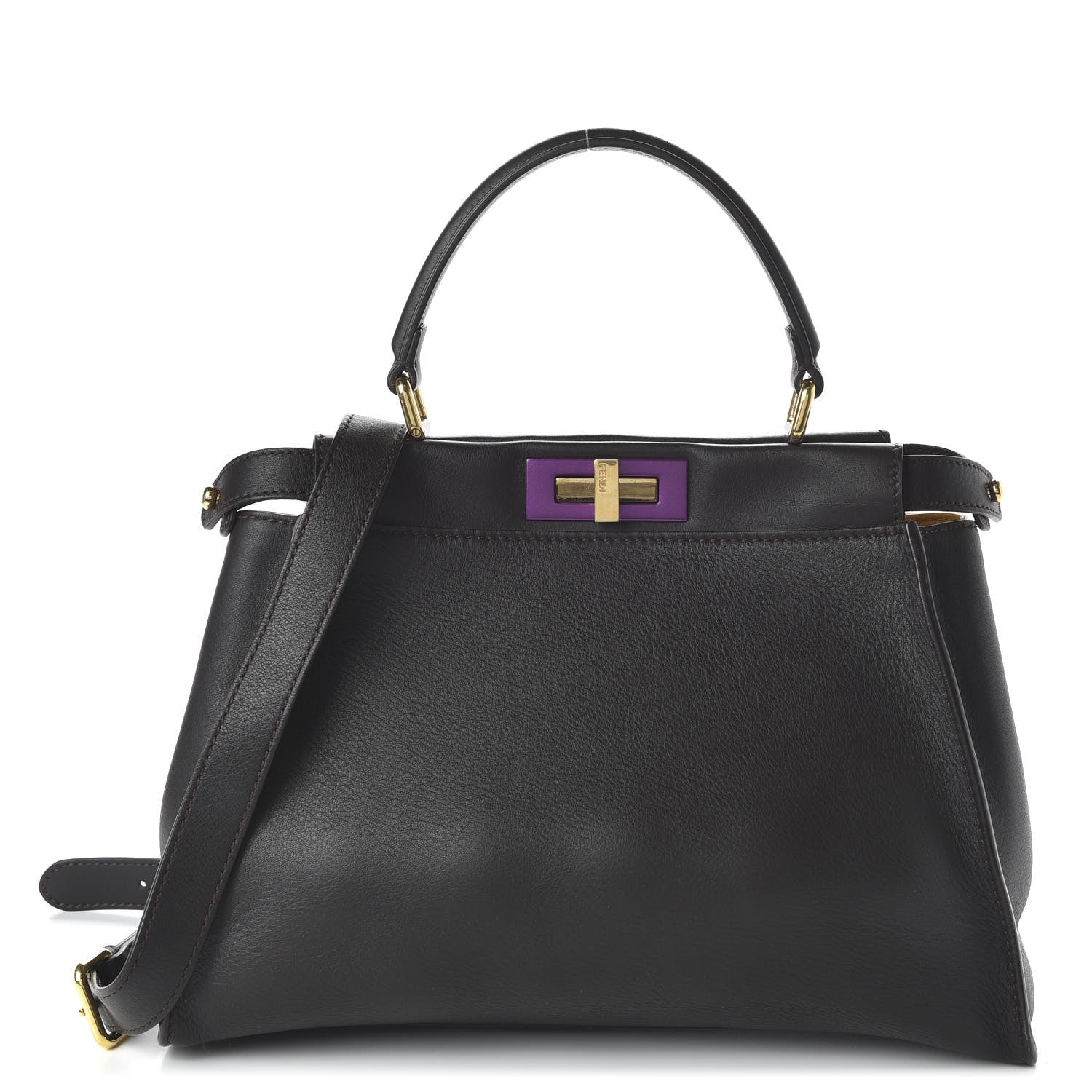 Fendi ENDI Vitello Seta Shiny Nappa Medium Peekaboo Iconic Satchel Dark Brown Purple 1 of 9