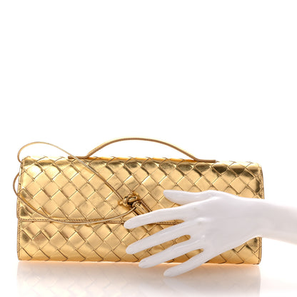 Bottega Veneta Metallic Lambskin Intrecciato Long Andiamo Top Handle Clutch Gold 2 of 7