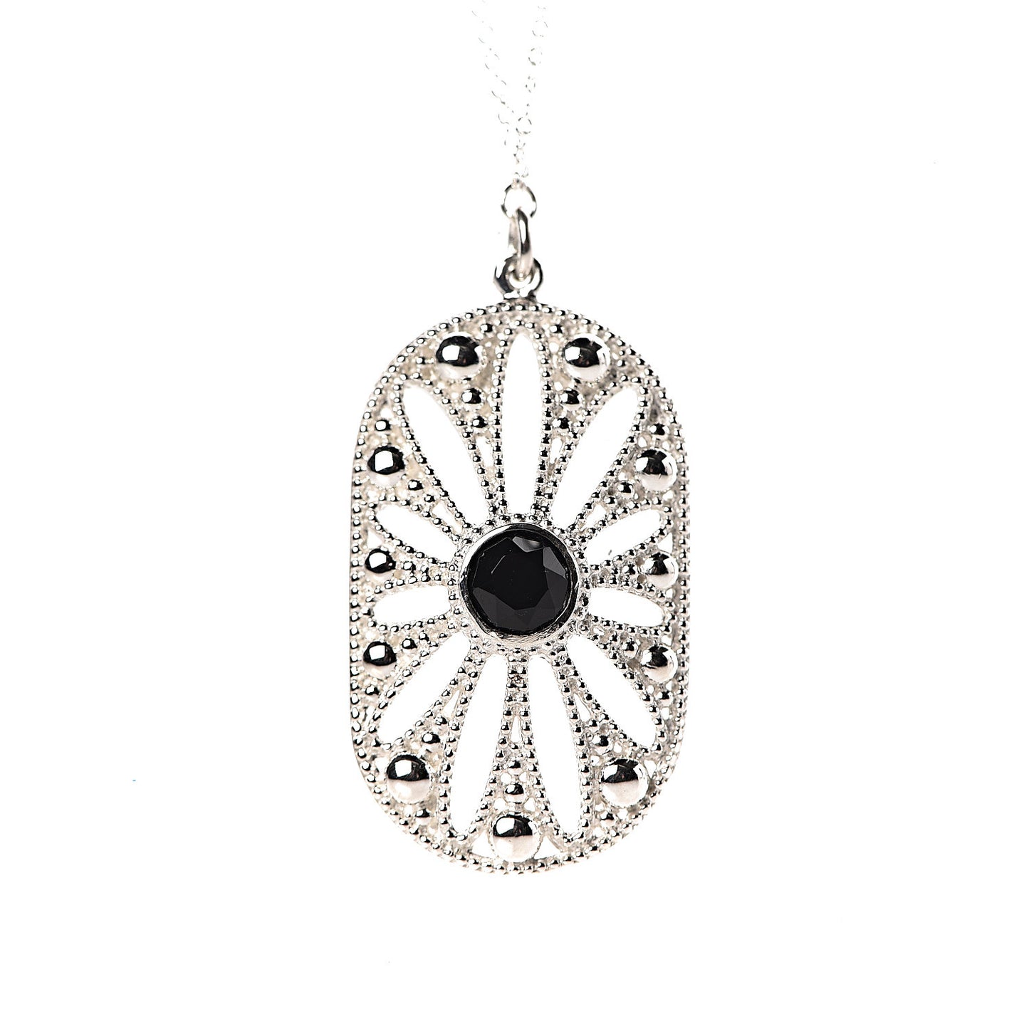 Sterling Silver Black Onyx Pearl Ziegfeld Daisy Pendant Necklace