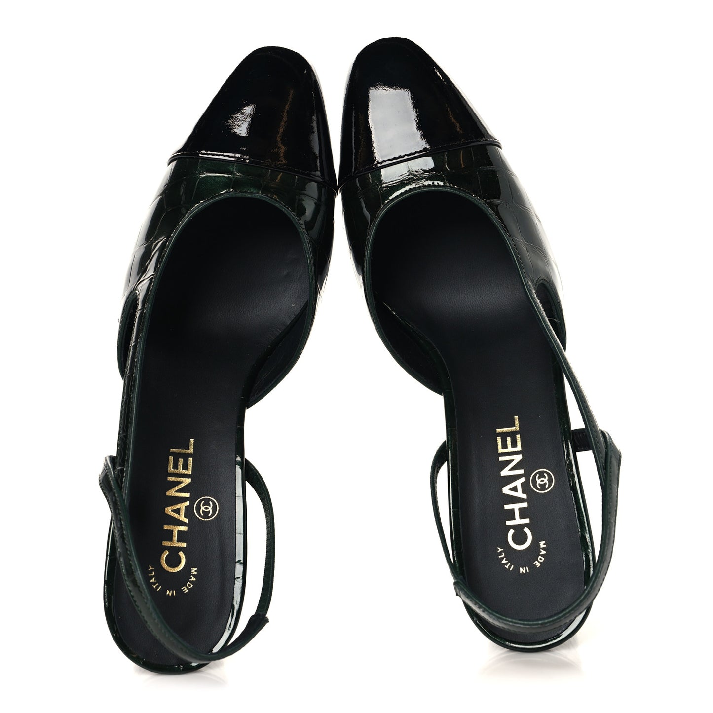 Patent Calfskin Crocodile Embossed Cap Toe CC Slingback Pumps 36 Burgundy Black 37.5 Dark Green Black 40 Dark Green Black