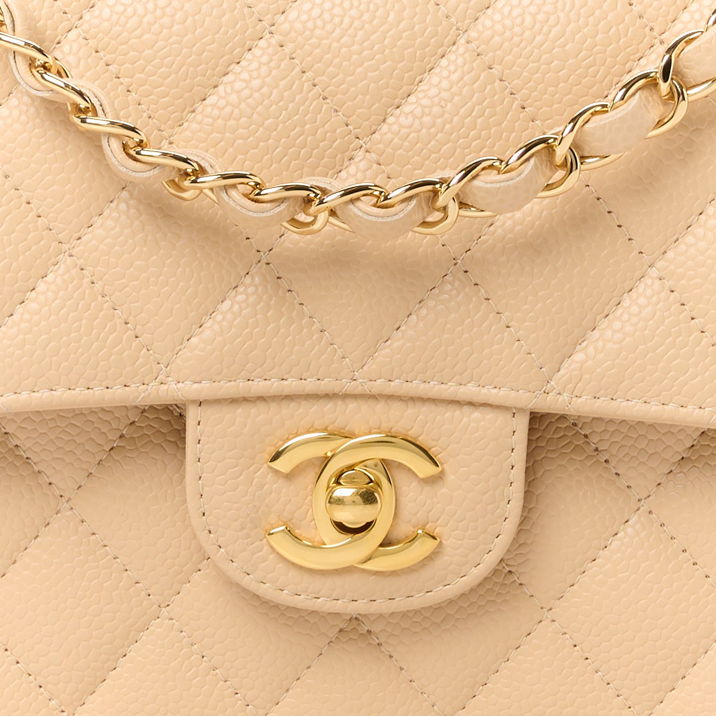 Caviar Quilted Medium Double Flap Beige