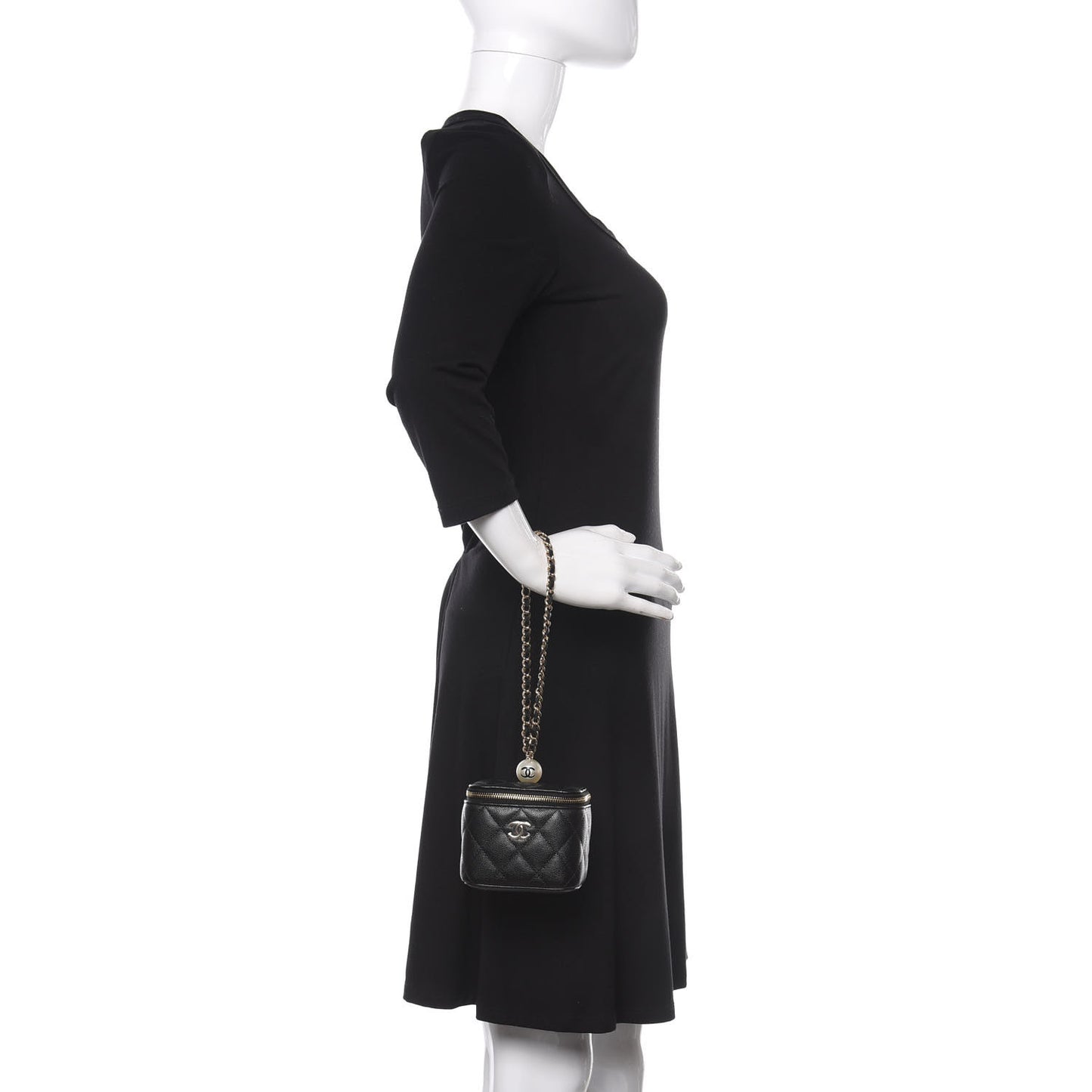 Caviar Quilted Mini Pearl On Top Vanity Case With Chain Black