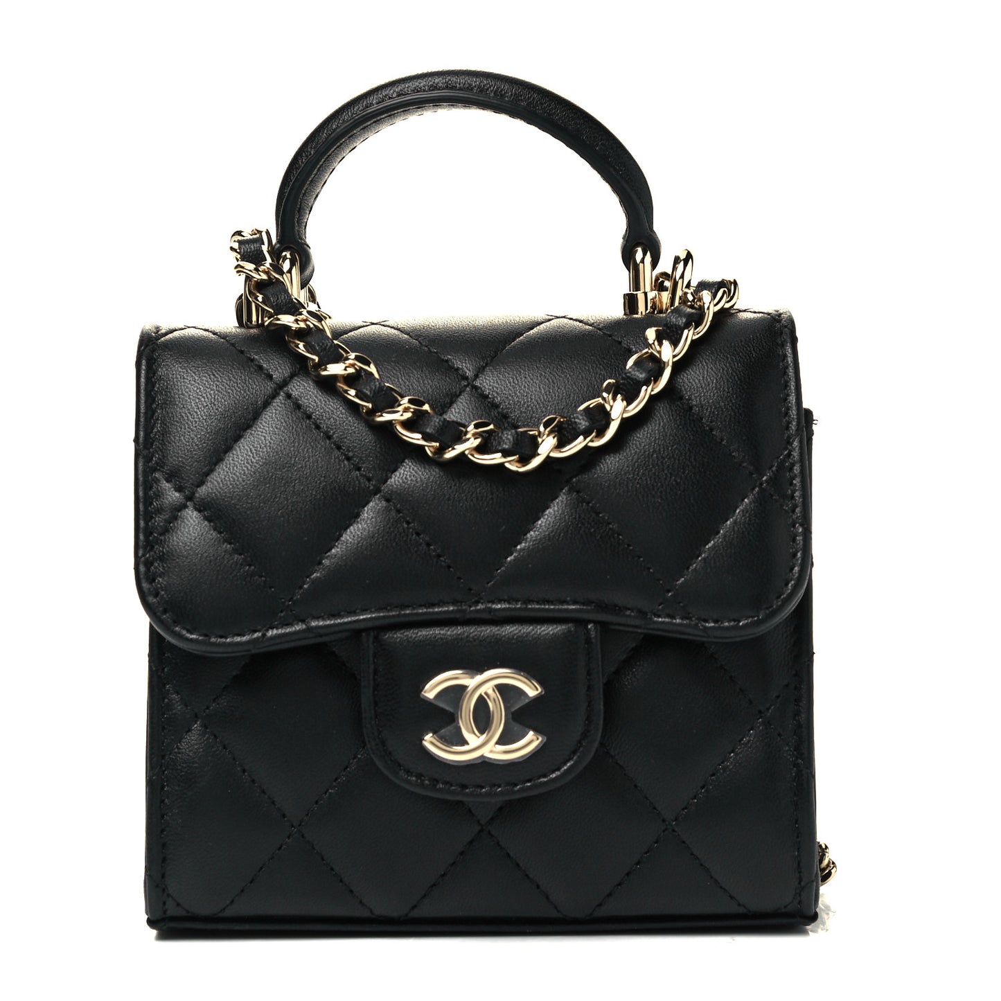 Lambskin Quilted Top Handle Flap Clutch With Chain Black