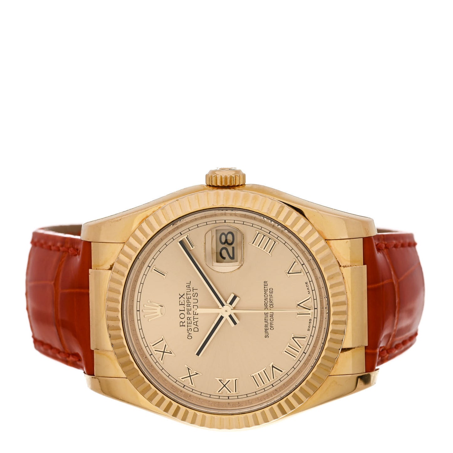 18K Yellow Gold Alligator 36mm Oyster Perpetual Datejust Watch Champagne 116138
