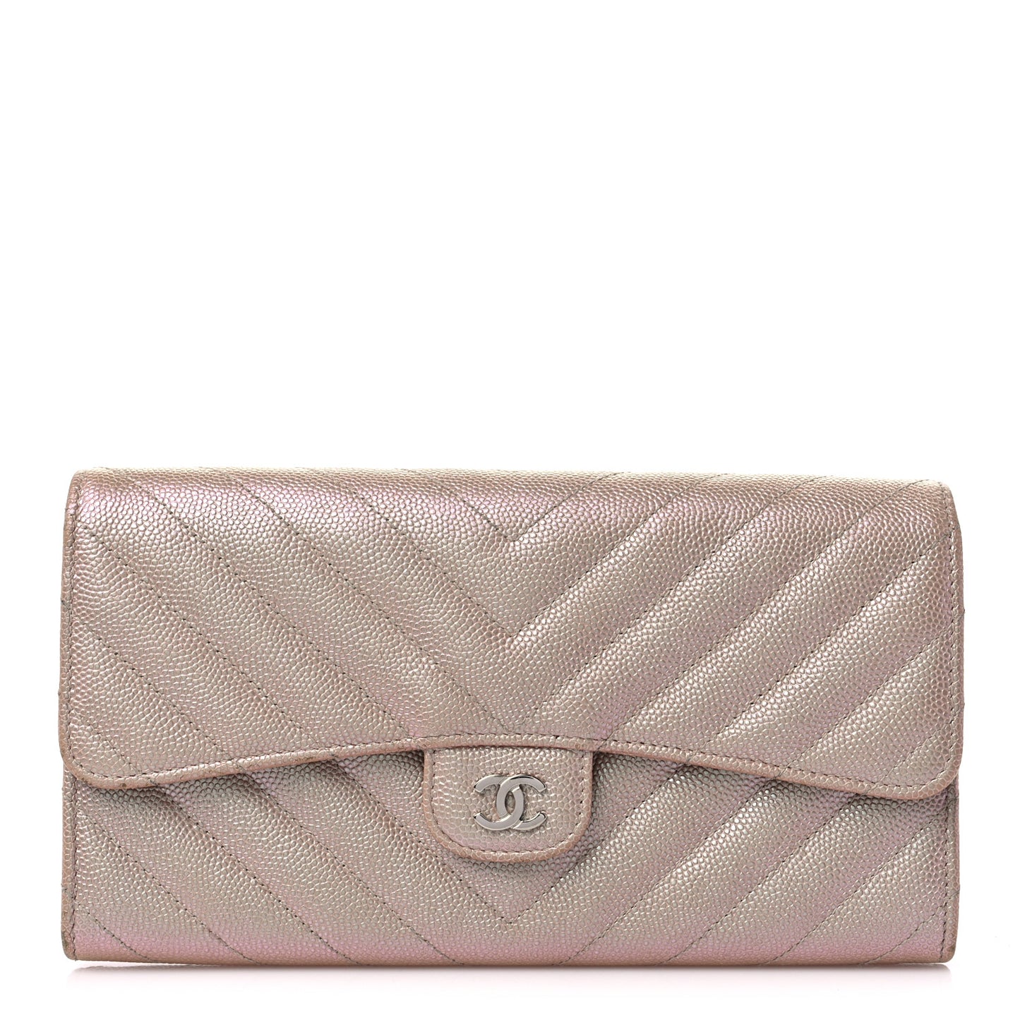 Iridescent Caviar Chevron Quilted Large Gusset Flap Wallet Light Pink