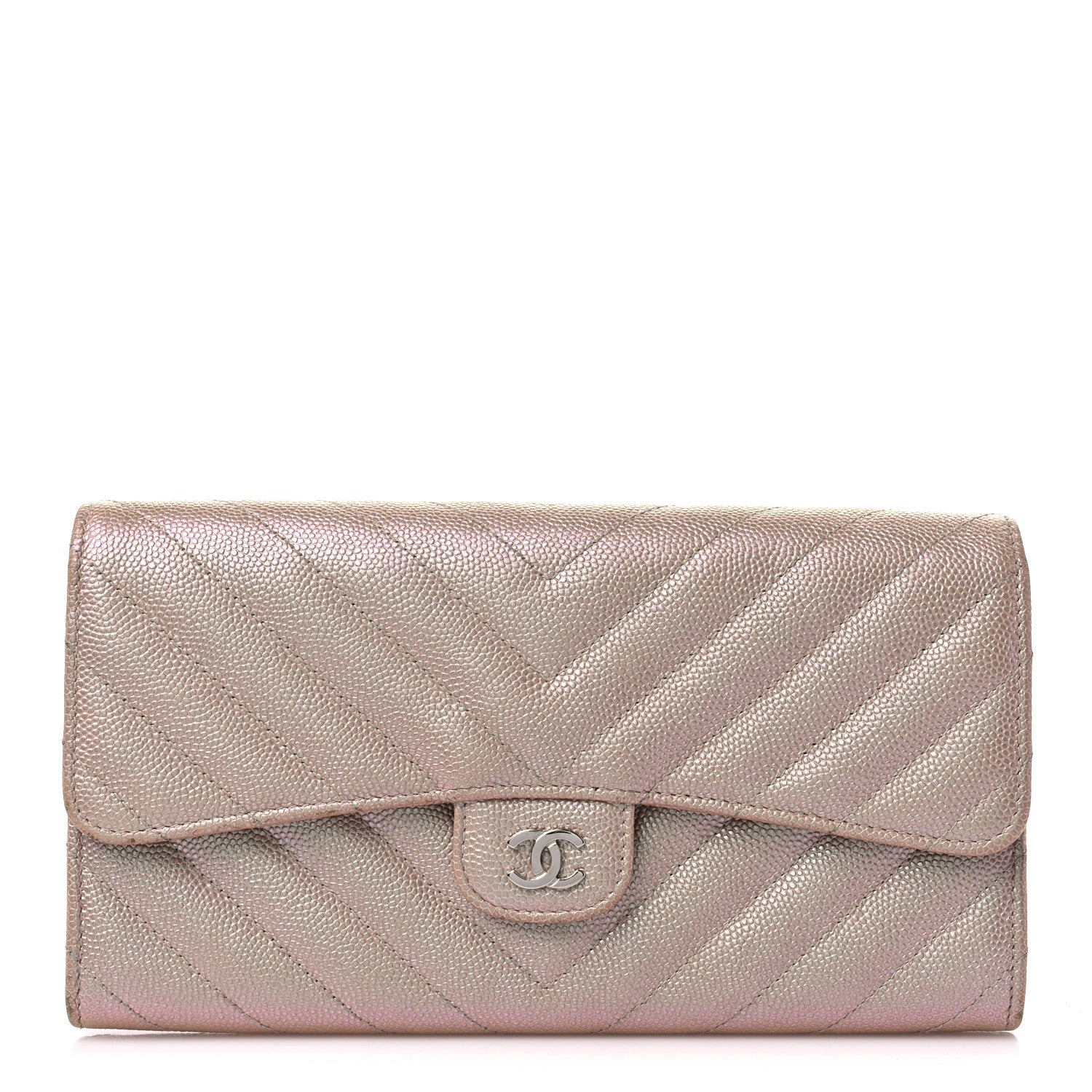 Chanel Iridescent Caviar Chevron Quilted Large Gusset Flap Wallet Light Pink 1 of 14