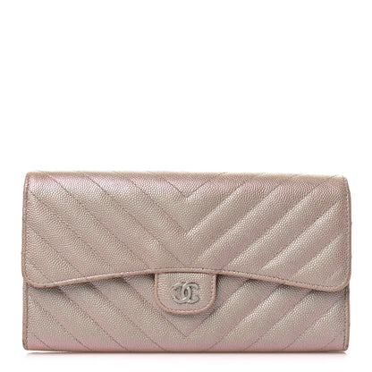 Chanel Iridescent Caviar Chevron Quilted Large Gusset Flap Wallet Light Pink 1 of 14