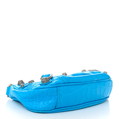 Balenciaga Extra Supple Calfskin Crocodile Embossed Crystal Mini Le Cagole Purse With Chain Cyan 4 of 11