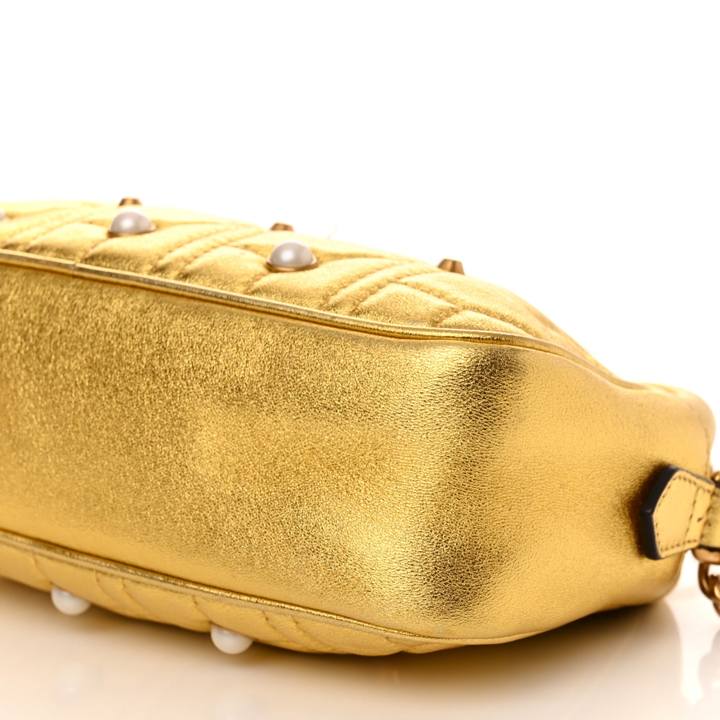 Metallic Calfskin Matelasse Studded Small Pearly GG Marmont Chain Shoulder Bag Gold