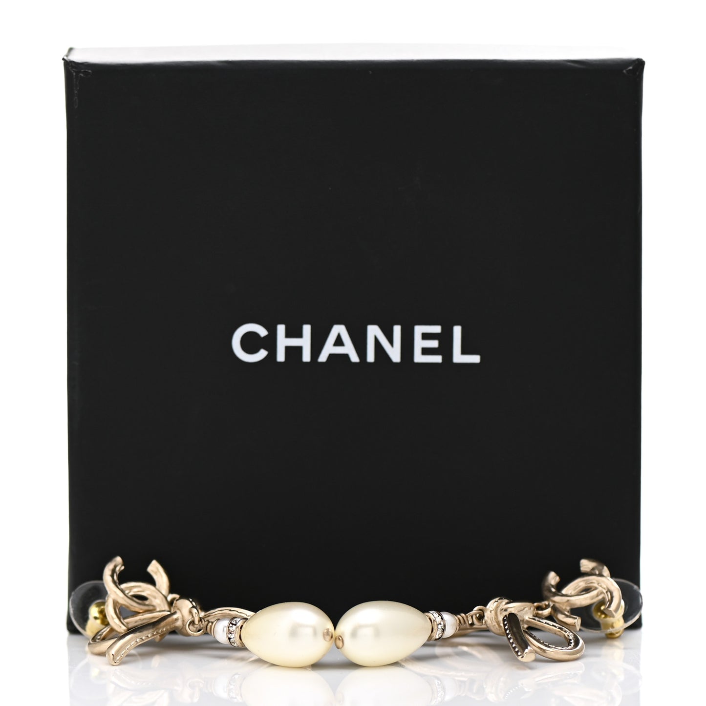 Pearl Crystal CC Bow Drop Earrings Gold Pearly White