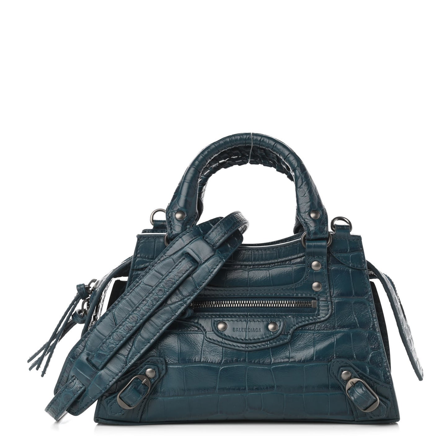 Calfskin Crocodile Embossed Neo Classic Silver Hardware Mini City Dark Petrol Blue