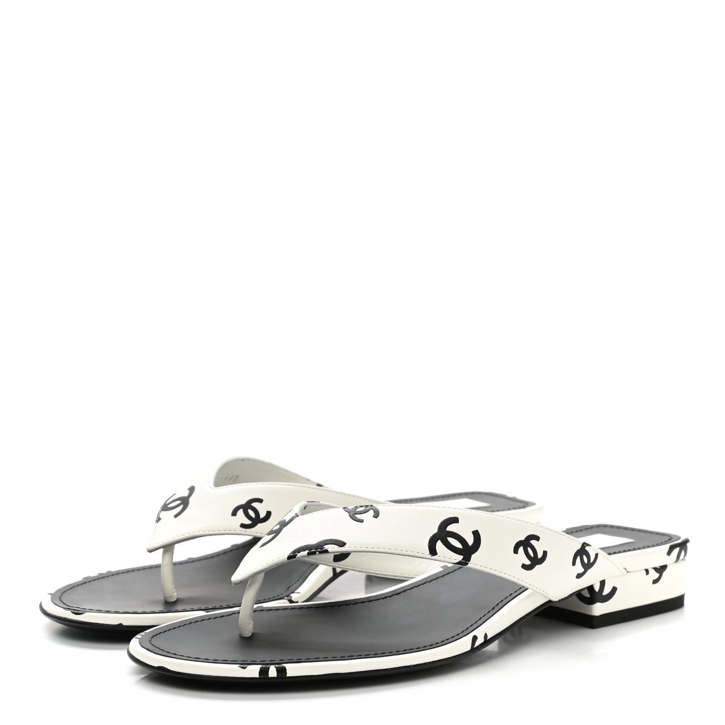 Printed Lambskin Coco Beach Thong Sandals 38.5 White Black