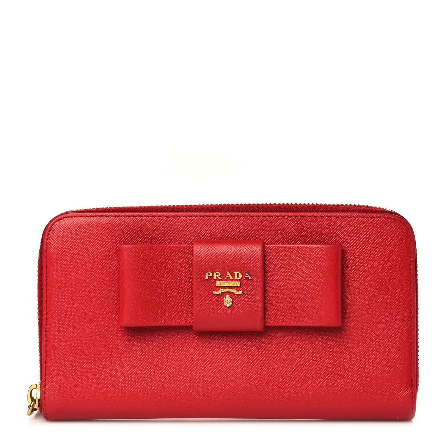 Prada Saffiano Fiocco Bow Zip Around Wallet Fuoco 1 of 8