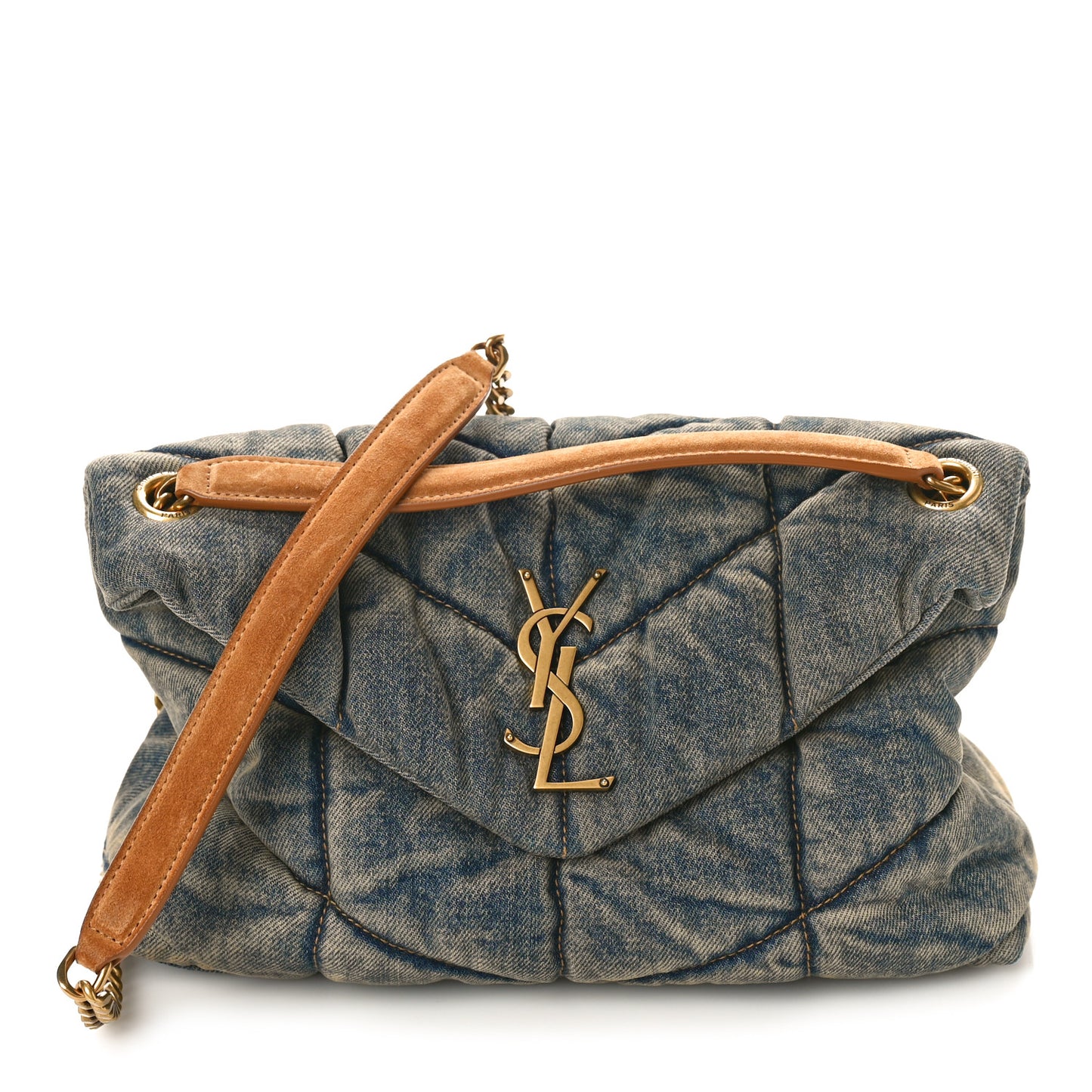 Denim Quilted Small Loulou Puffer Monogram Chain Satchel Blue Cinnamon