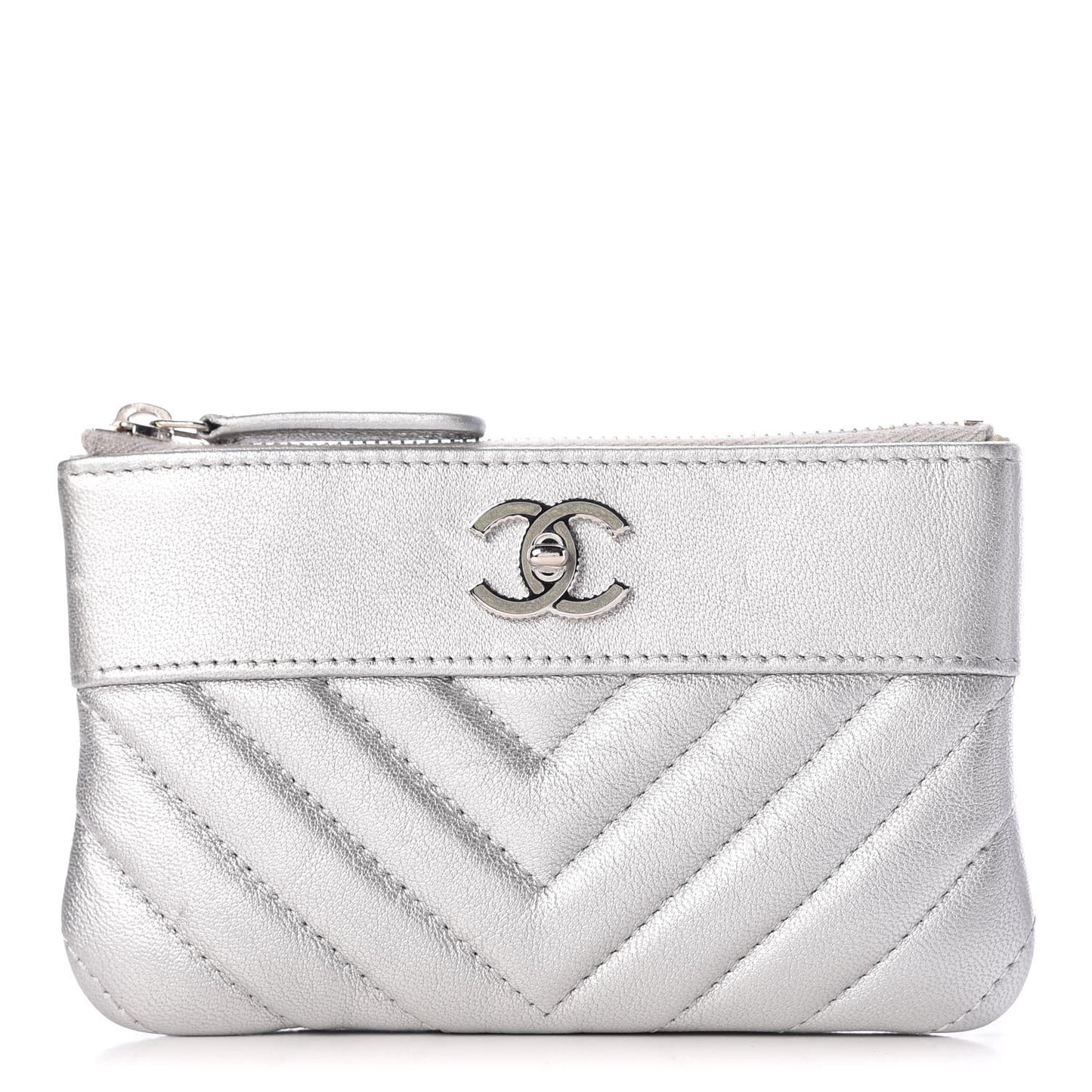 Metallic Sheepskin Chevron Quilted Small Vintage Mademoiselle Cosmetic Case Silver