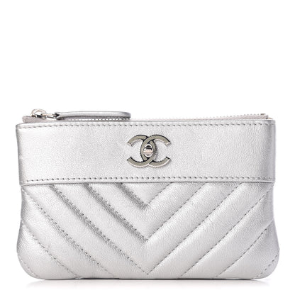Chanel Metallic Sheepskin Chevron Quilted Small Vintage Mademoiselle Cosmetic Case Silver 1 of 12