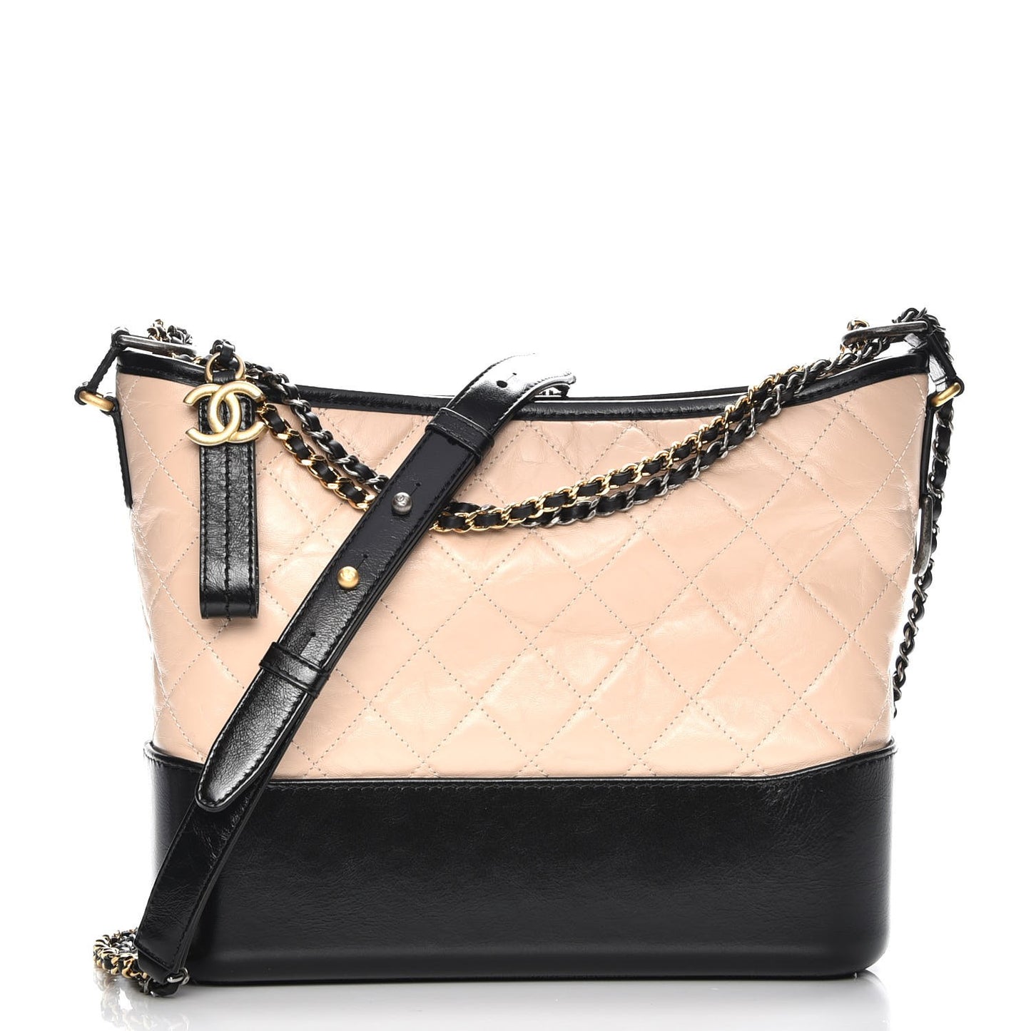 Aged Calfskin Quilted Medium Gabrielle Hobo Beige Black