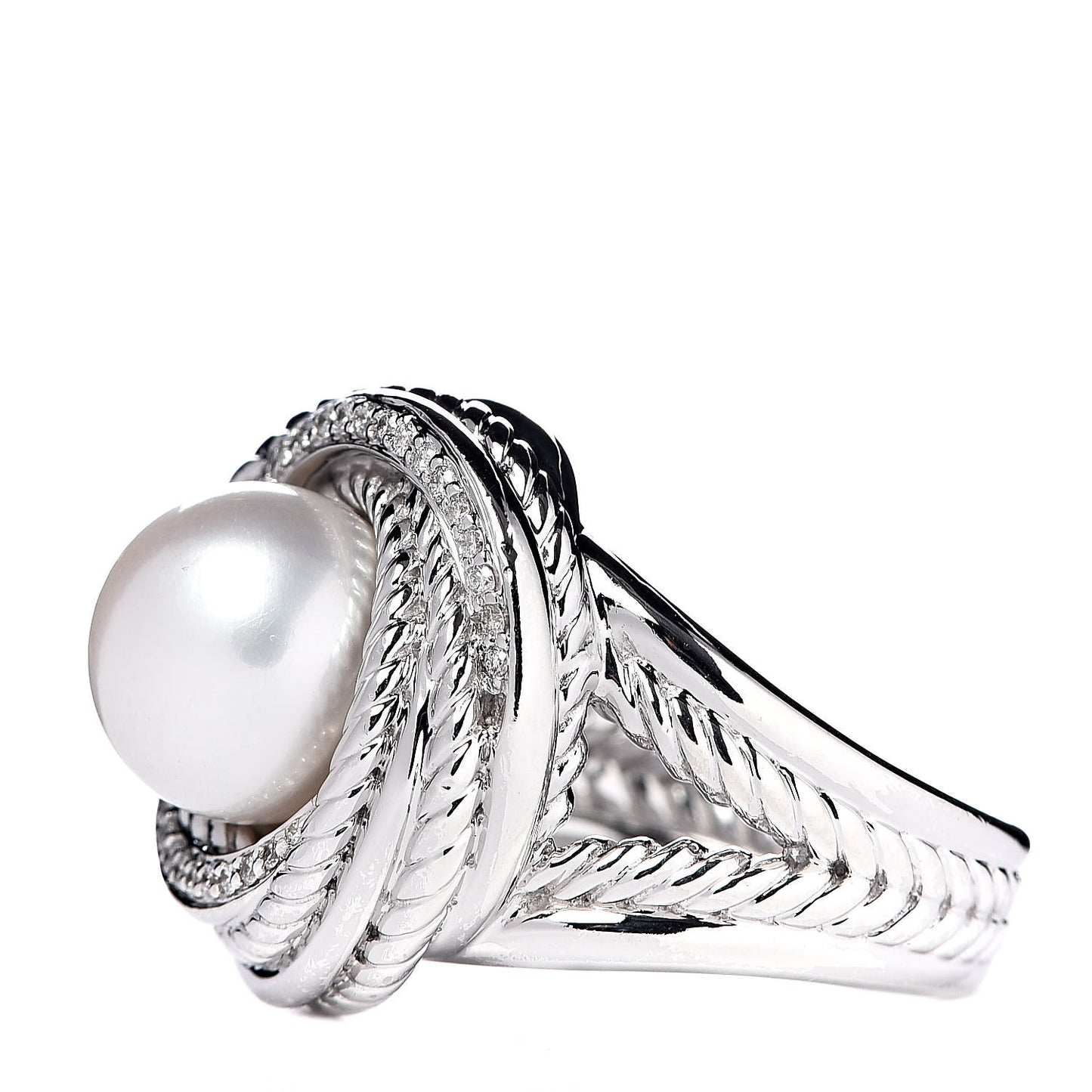 Sterling Silver Diamond Pearl 10mm Crossover Ring 54 7