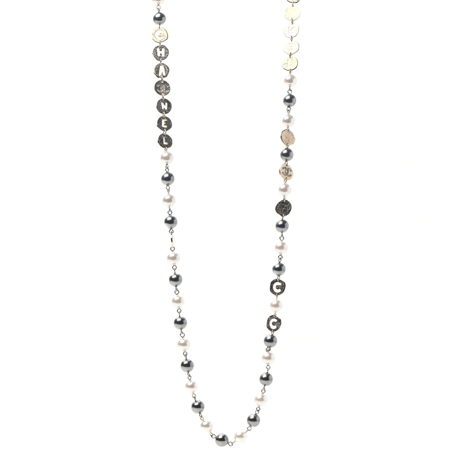 Chanel Pearl Papyrus Long Necklace Gold Pearly White Grey 1 of 5