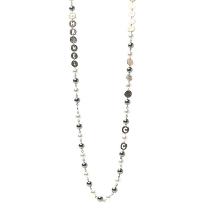 Chanel Pearl Papyrus Long Necklace Gold Pearly White Grey 1 of 5