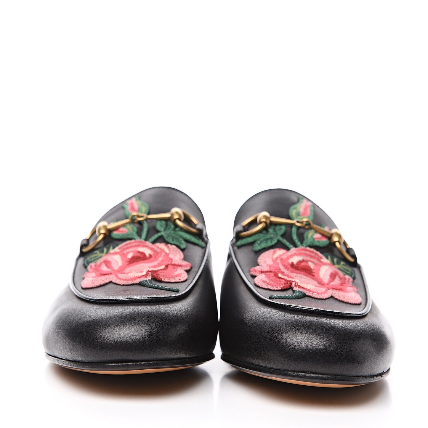 Calfskin Flower Embroidered Womens Princetown Slippers 38 Black