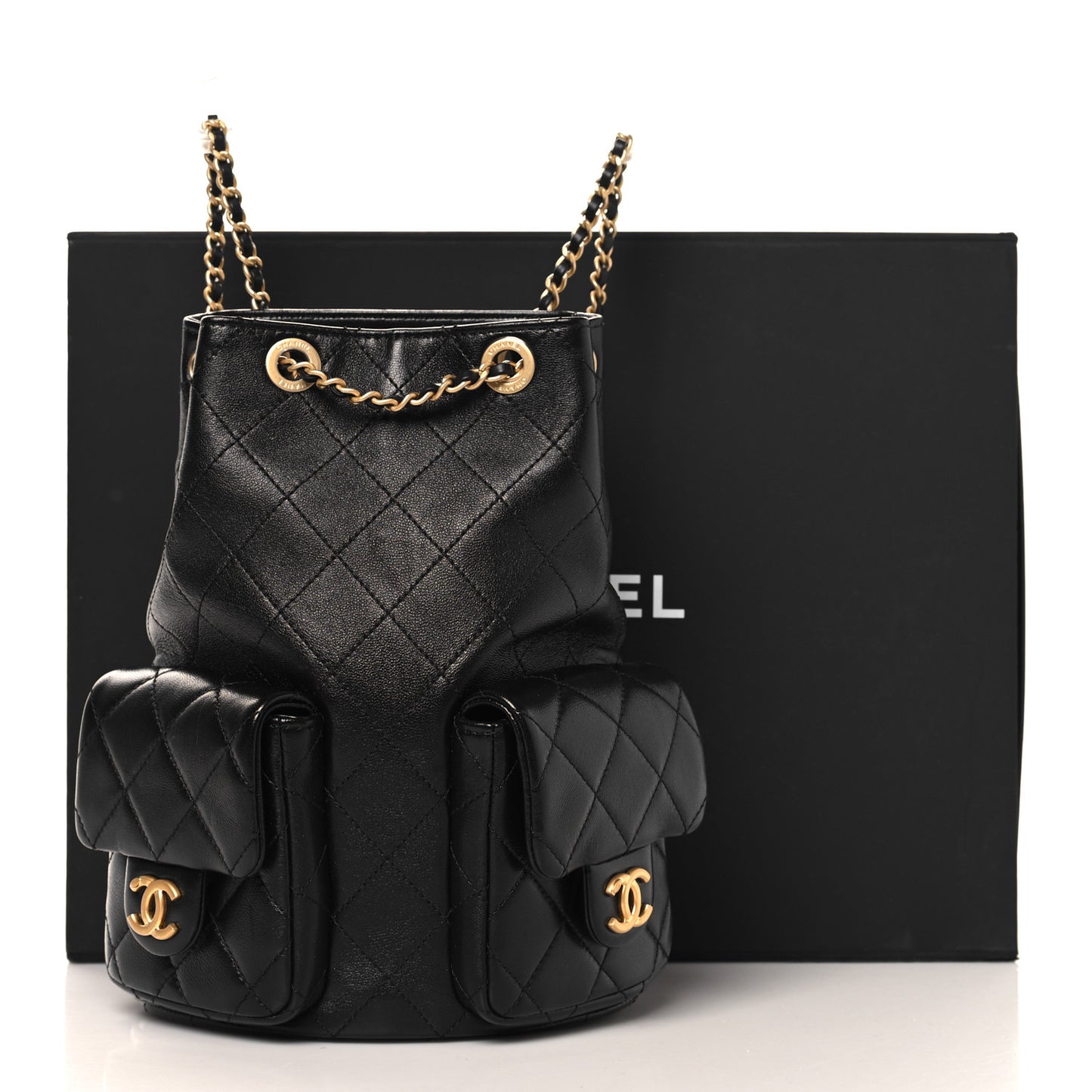 Shiny Lambskin Quilted Double Pocket Backpack Black