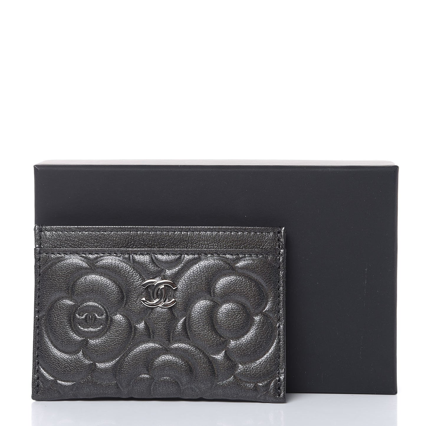 Goatskin Camellia Embossed Card Holder Wallet Grey