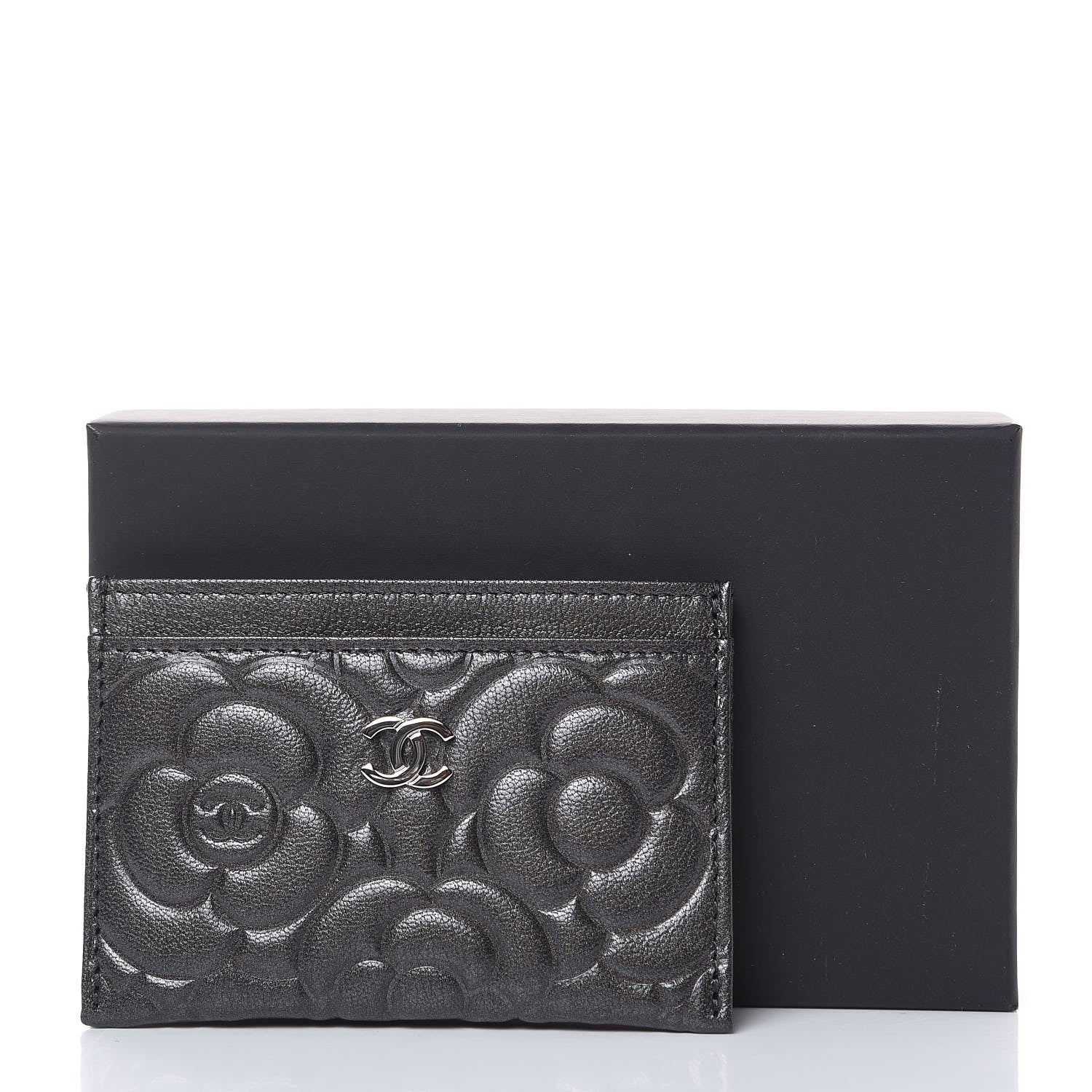 Chanel Goatskin Camellia Embossed Card Holder Wallet Grey 9 of 9