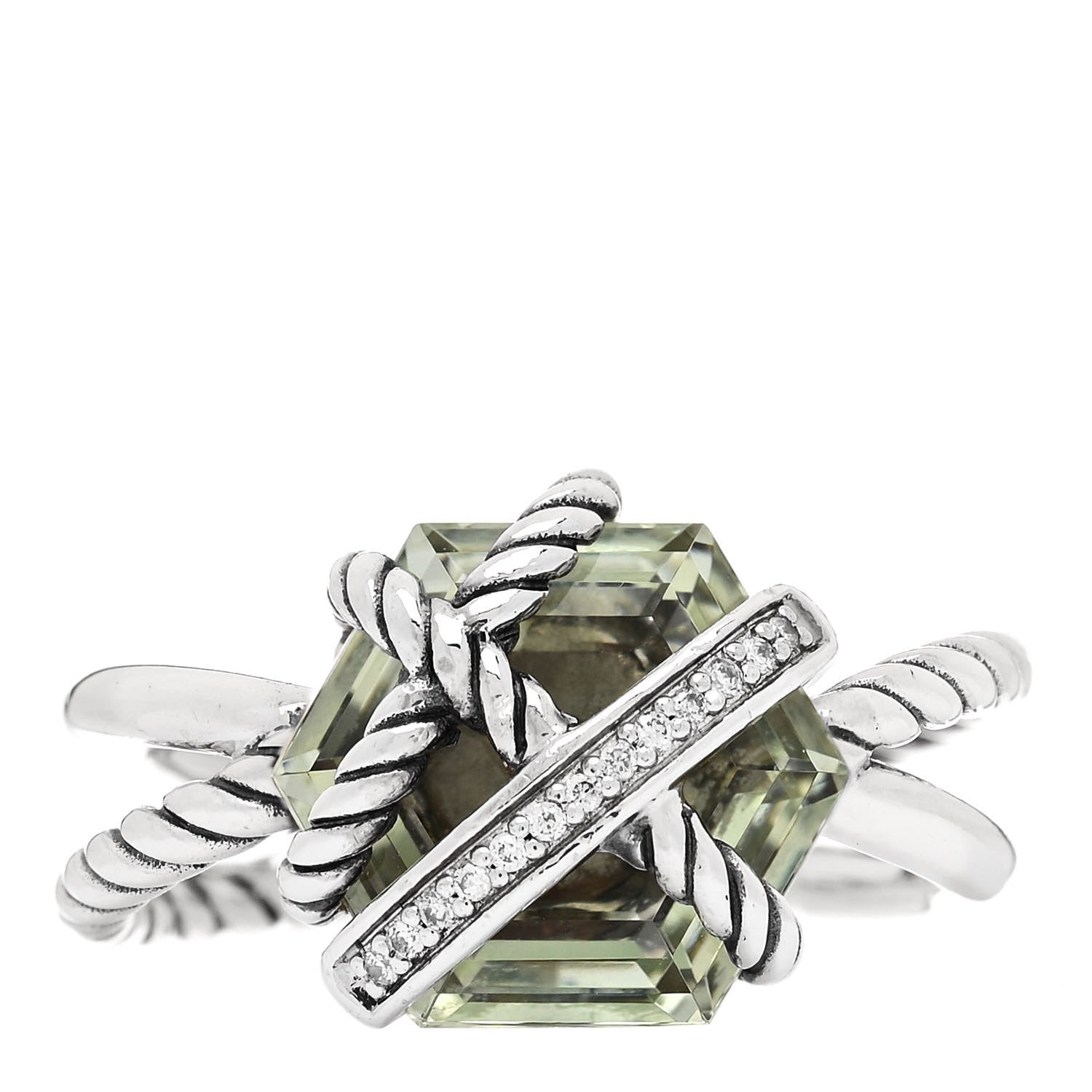 David Yurman Sterling Silver Diamond Prasiolite 10mm Cable Wrap Ring 52 6 1 of 5