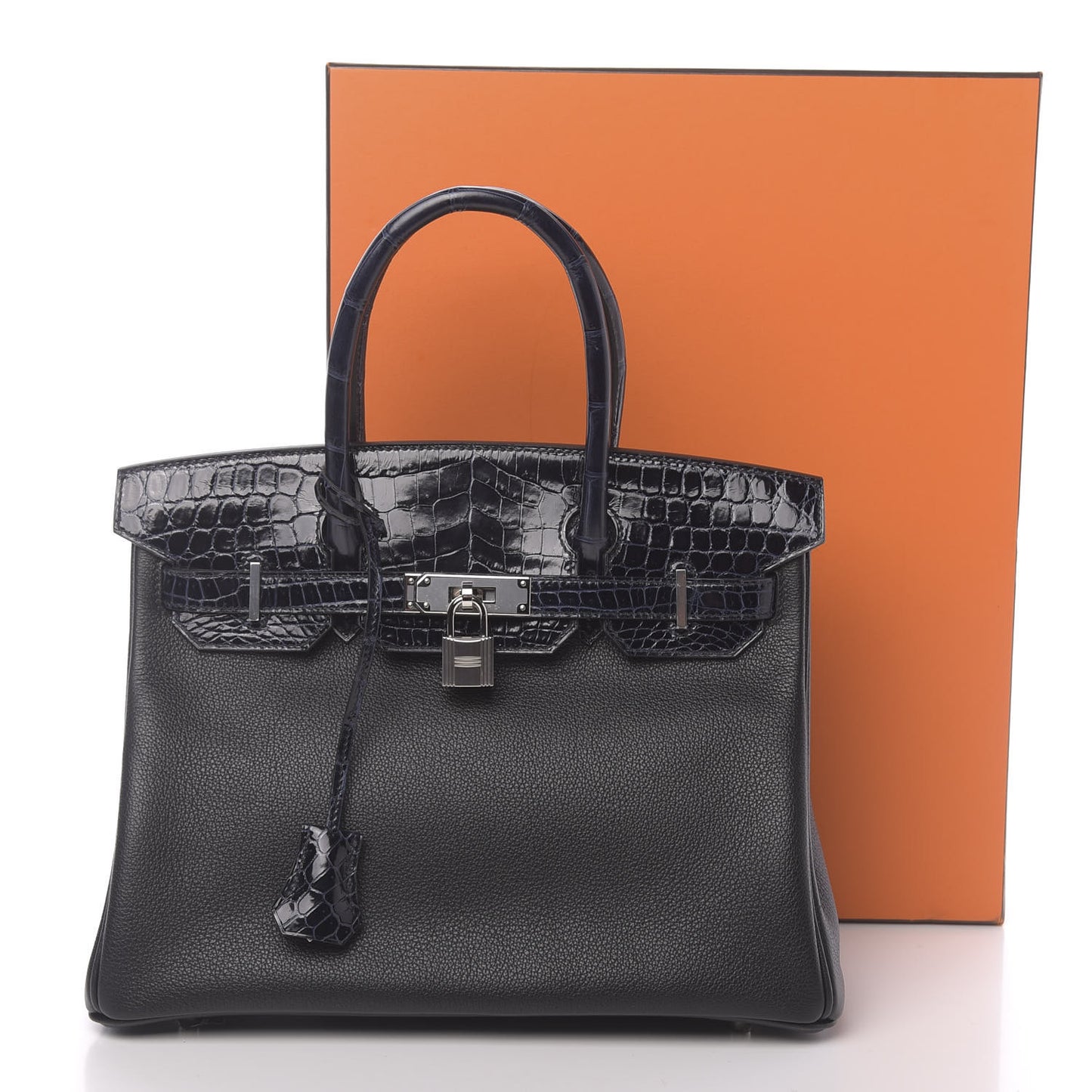 Taurillon Novillo Shiny Niloticus Crocodile Birkin Touch 30 Black Bleu Marine