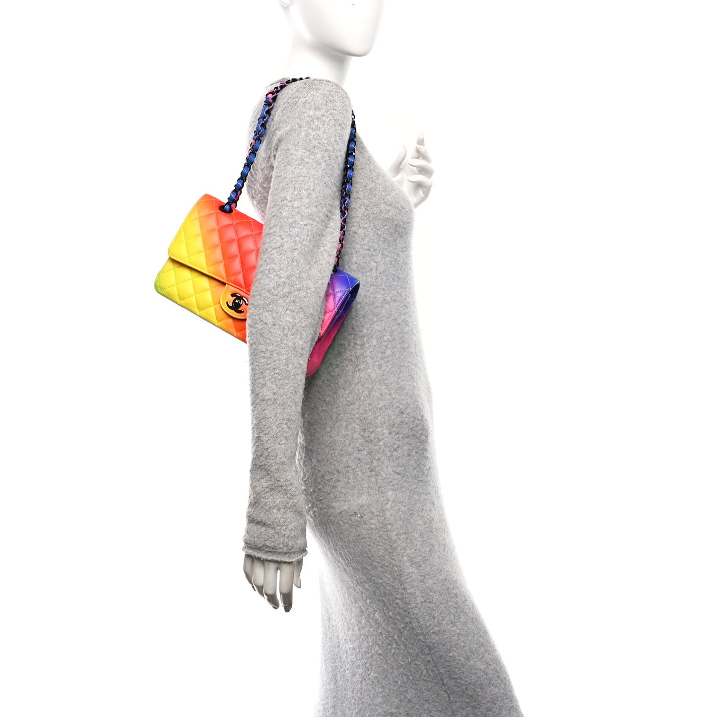 Calfskin Quilted Medium Rainbow Double Flap Multicolor