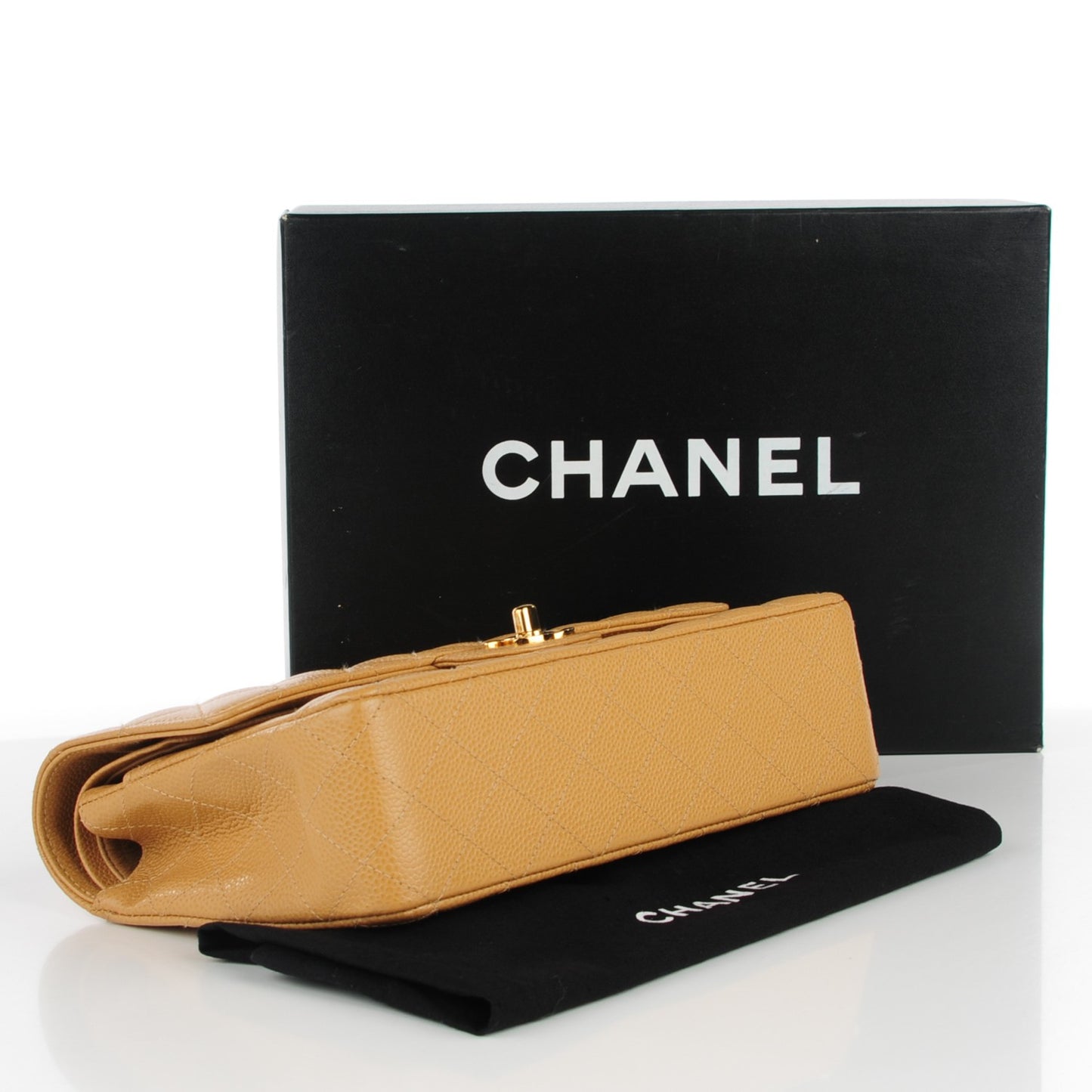 Caviar Quilted Medium Double Flap Beige