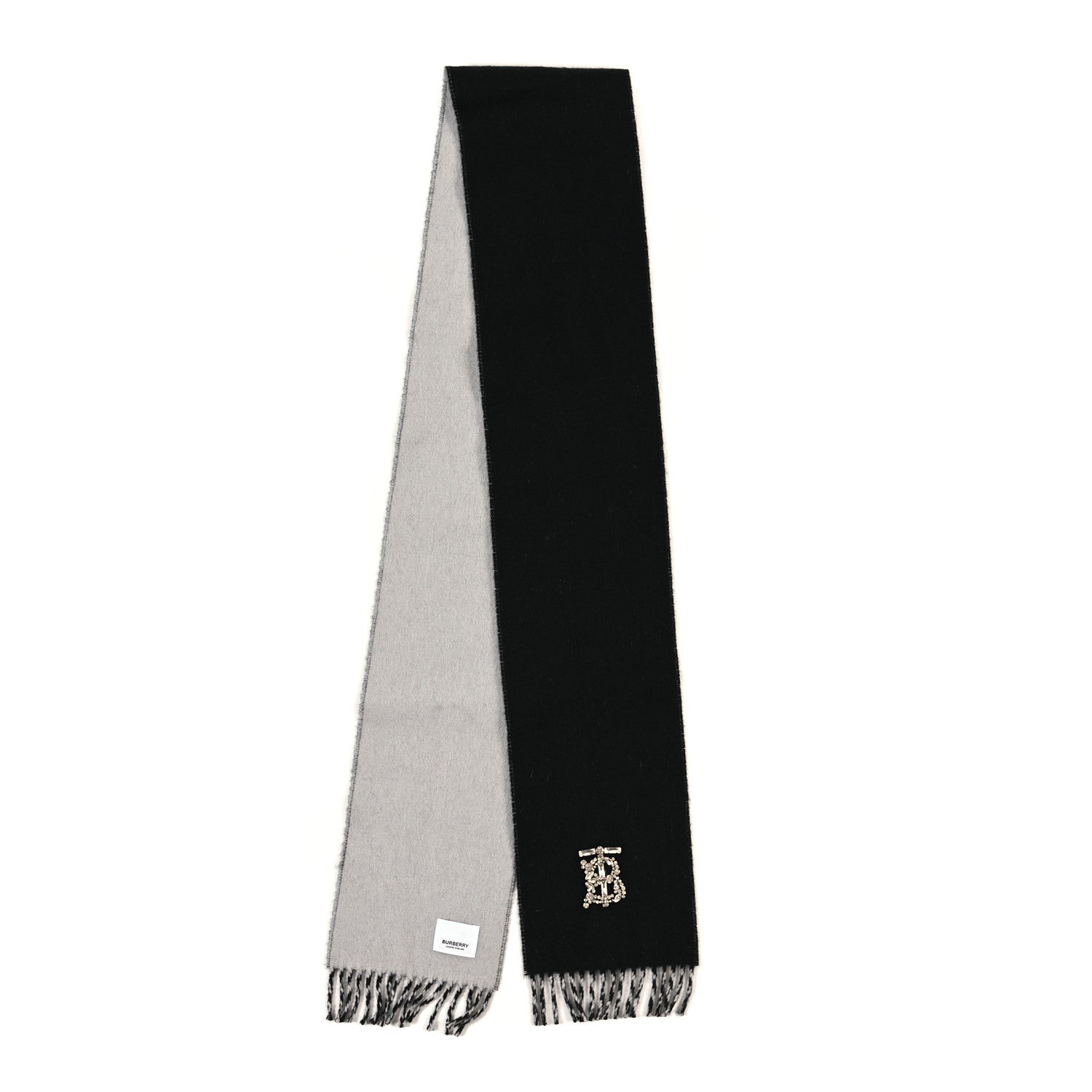 Burberry Cashmere Wool Crystal TB Logo Fringe Scarf Black 2 of 3