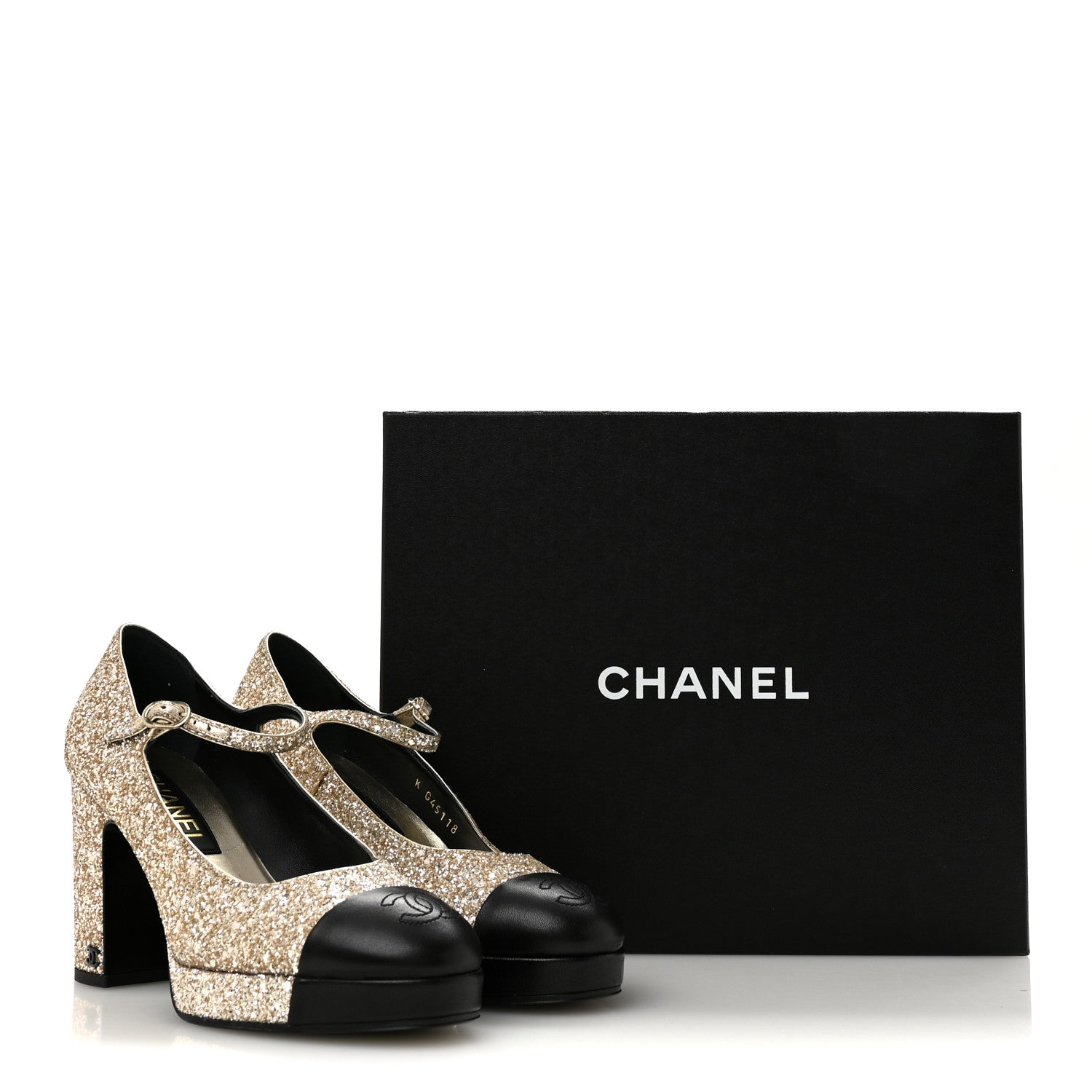 Chanel Glitter Lambskin Cap Toe CC Mary Jane Pumps 38 Light Gold Black 10 of 10