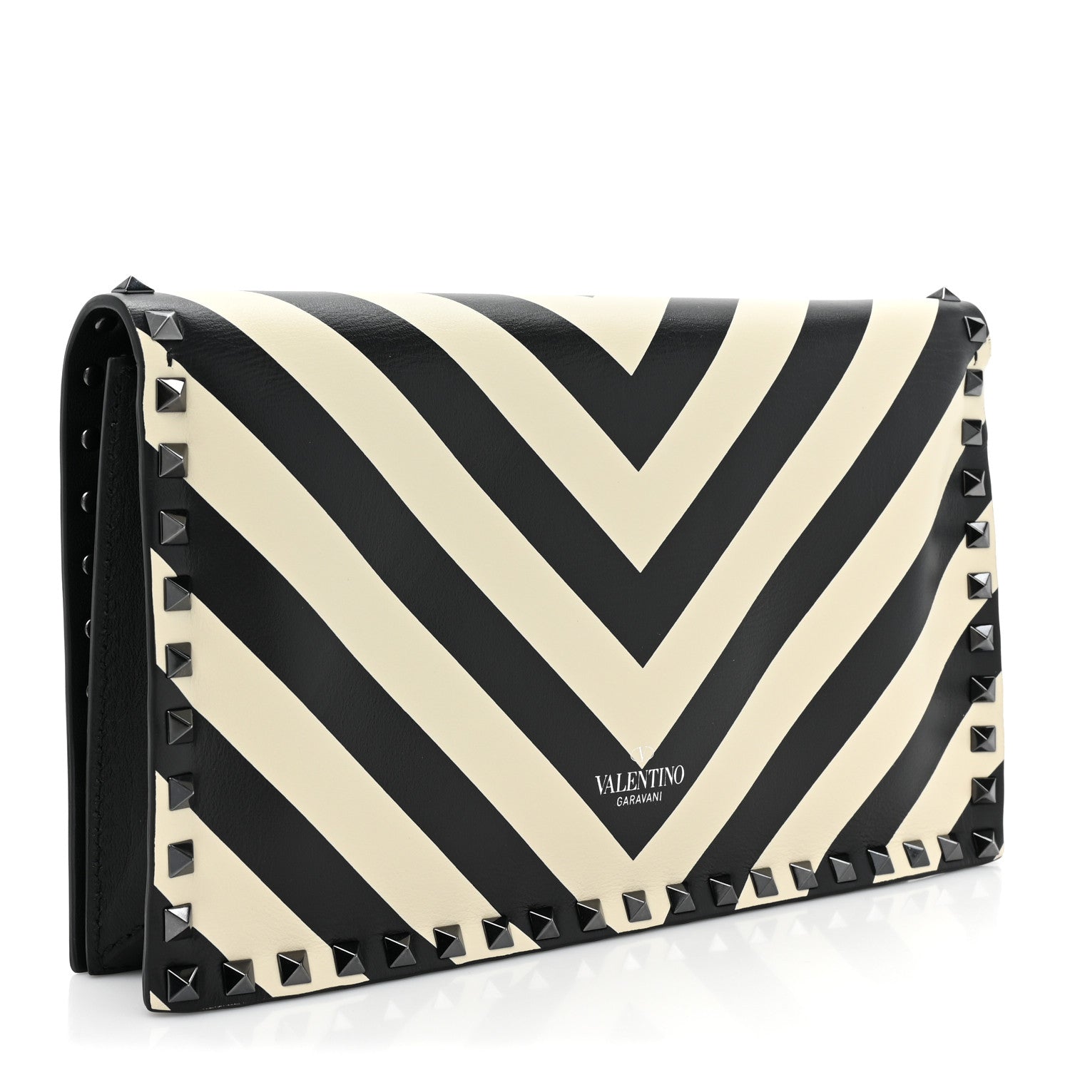 Valentino Garavani Nappa Chevron Striped Rockstud Wristlet Clutch Light Ivory Black 3 of 10