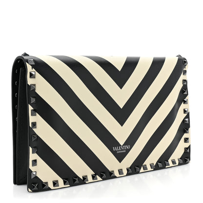 Valentino Garavani Nappa Chevron Striped Rockstud Wristlet Clutch Light Ivory Black 3 of 10