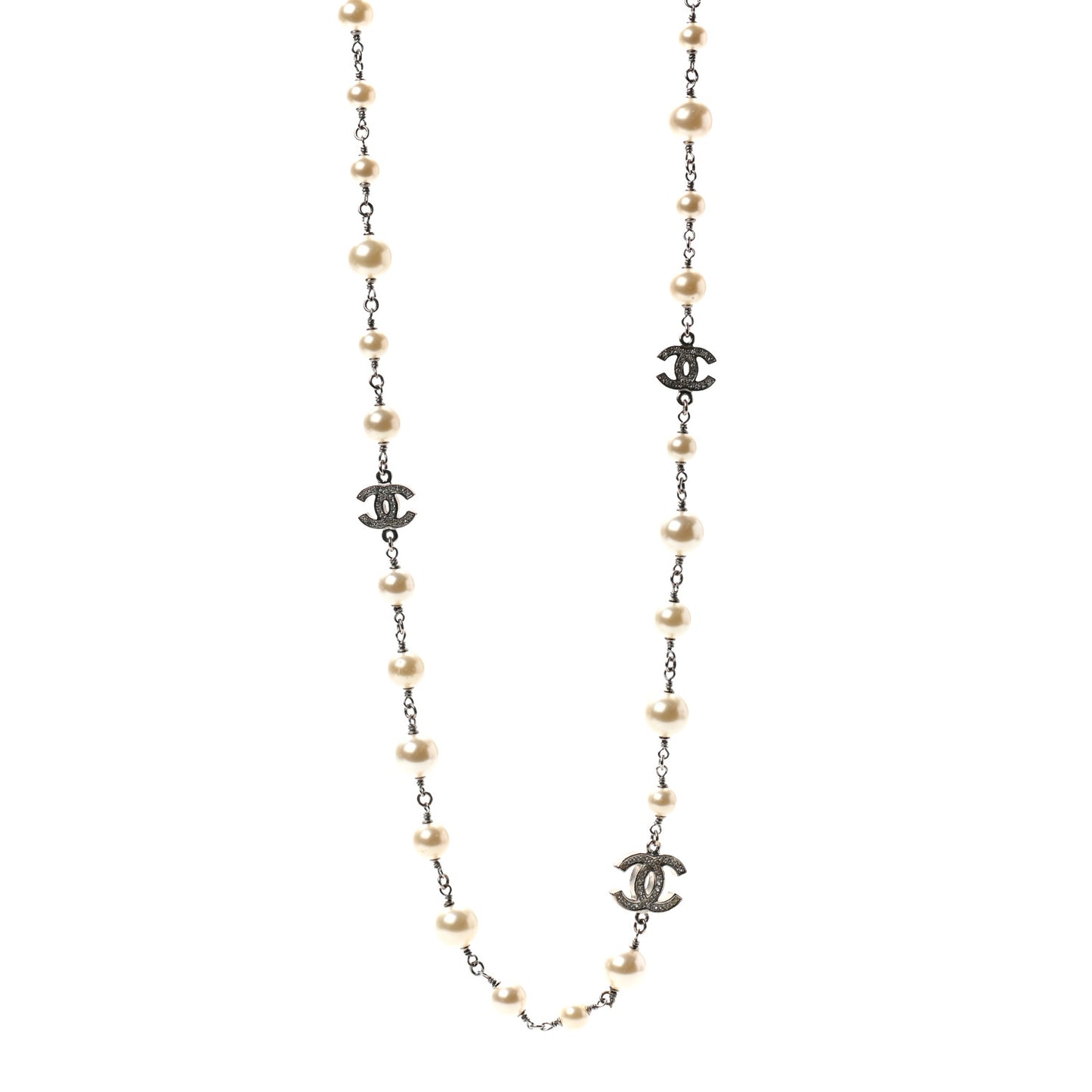 Crystal Pearl CC Long Necklace Silver