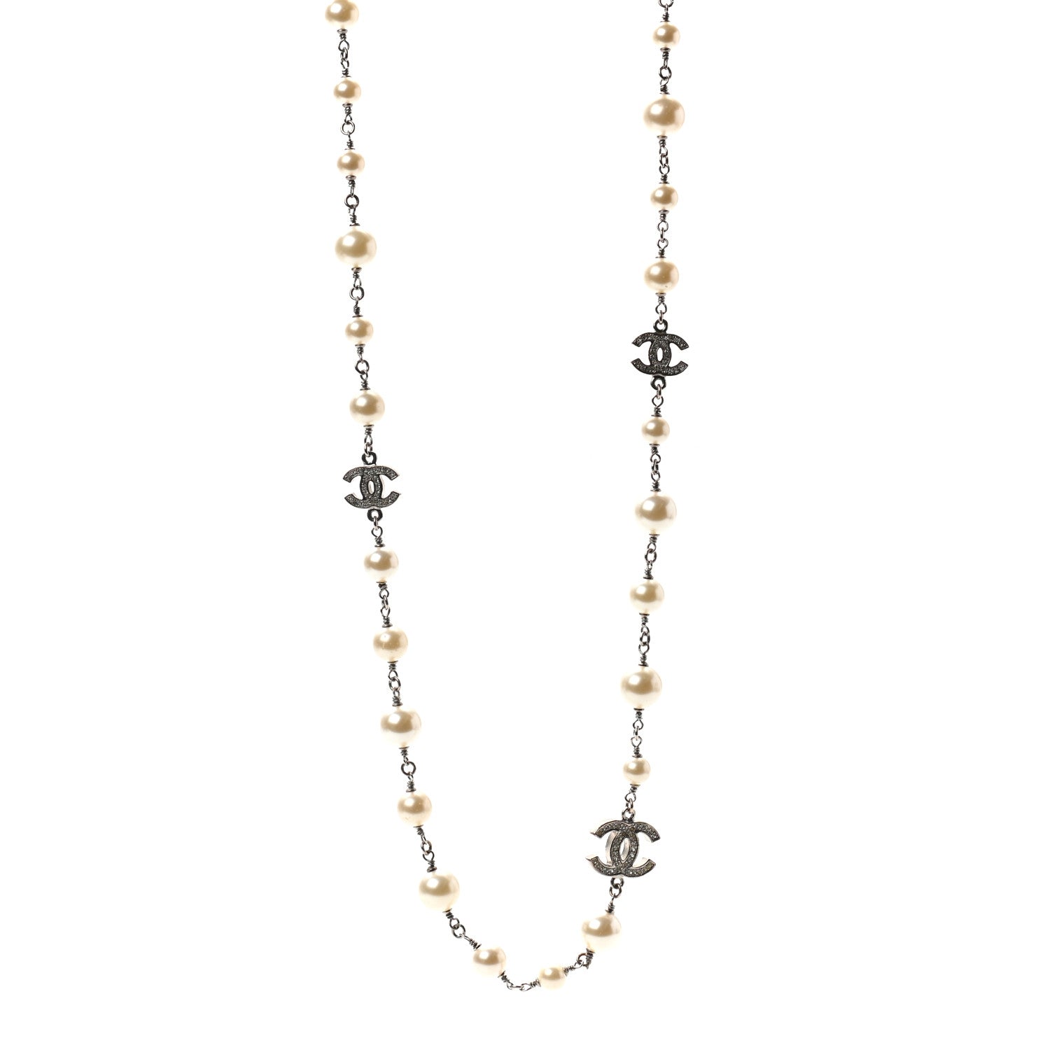 Chanel Crystal Pearl CC Long Necklace Silver 1 of 6