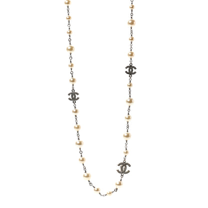 Chanel Crystal Pearl CC Long Necklace Silver 1 of 6