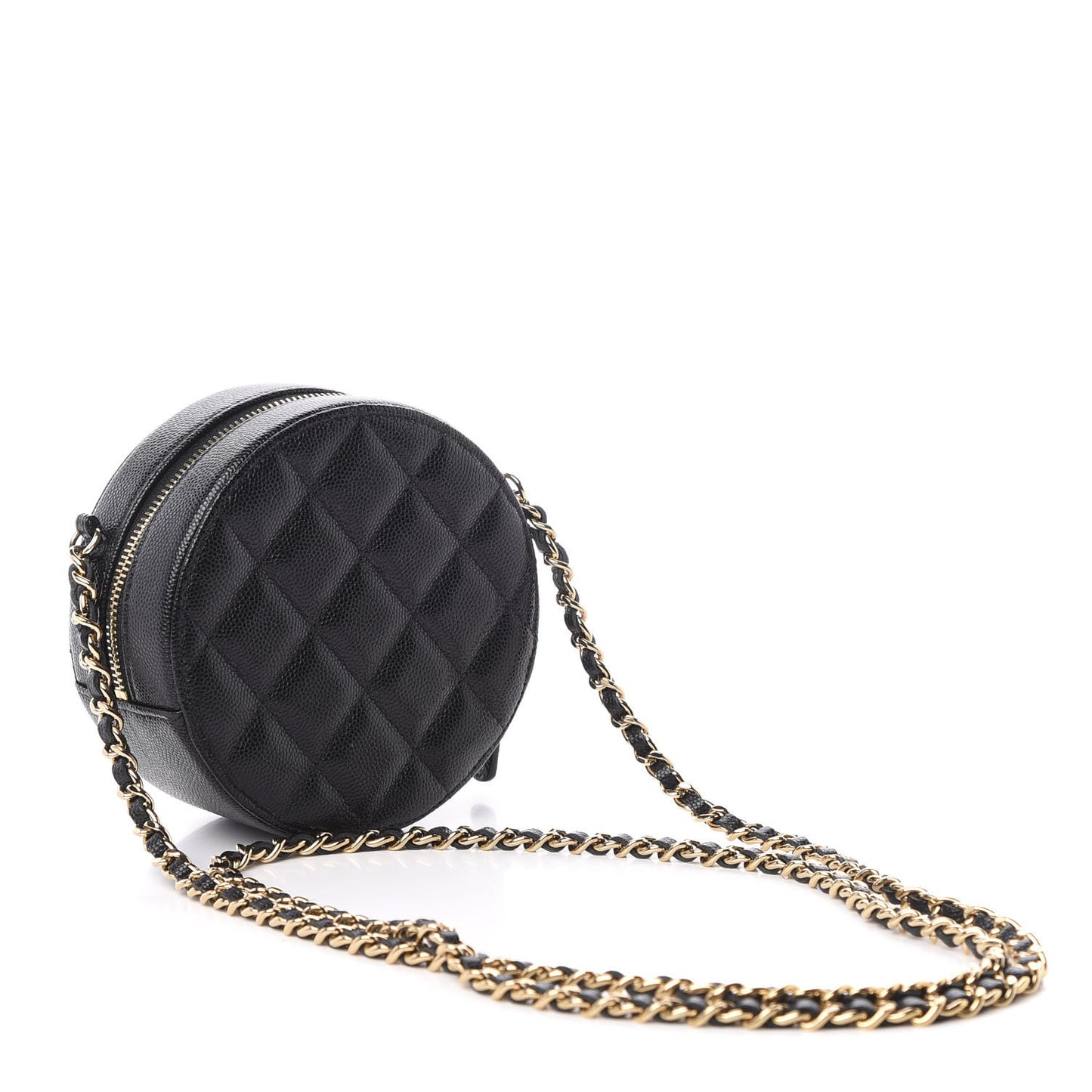 Caviar Quilted Round Clutch With Chain Black