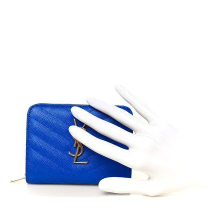 Saint Laurent Grain De Poudre Matelasse Chevron Monogram Compact Zip Around Wallet Bleu Majorelle 2 of 11
