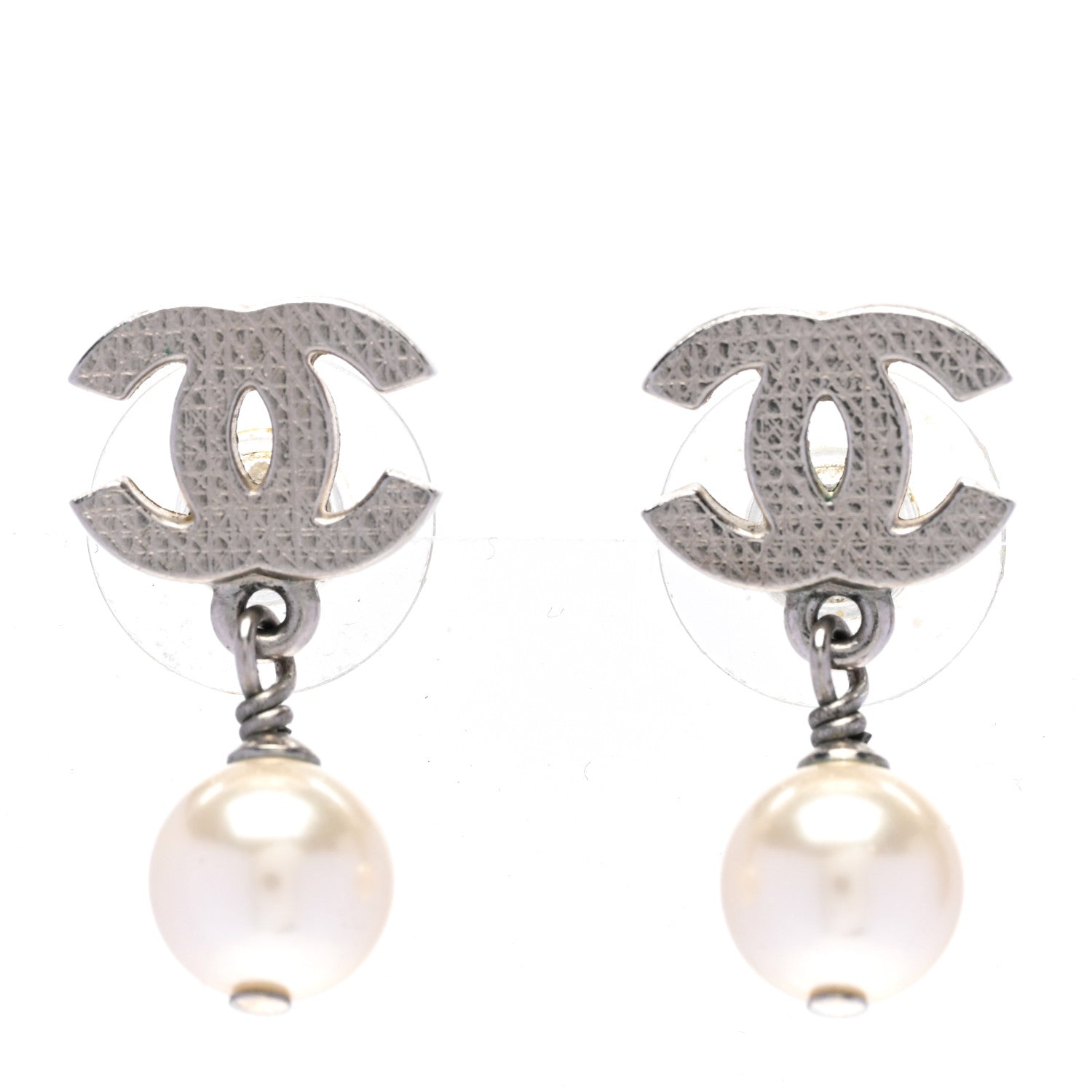 Chanel CC Pearl Drop Earrings Silver 1 of 4