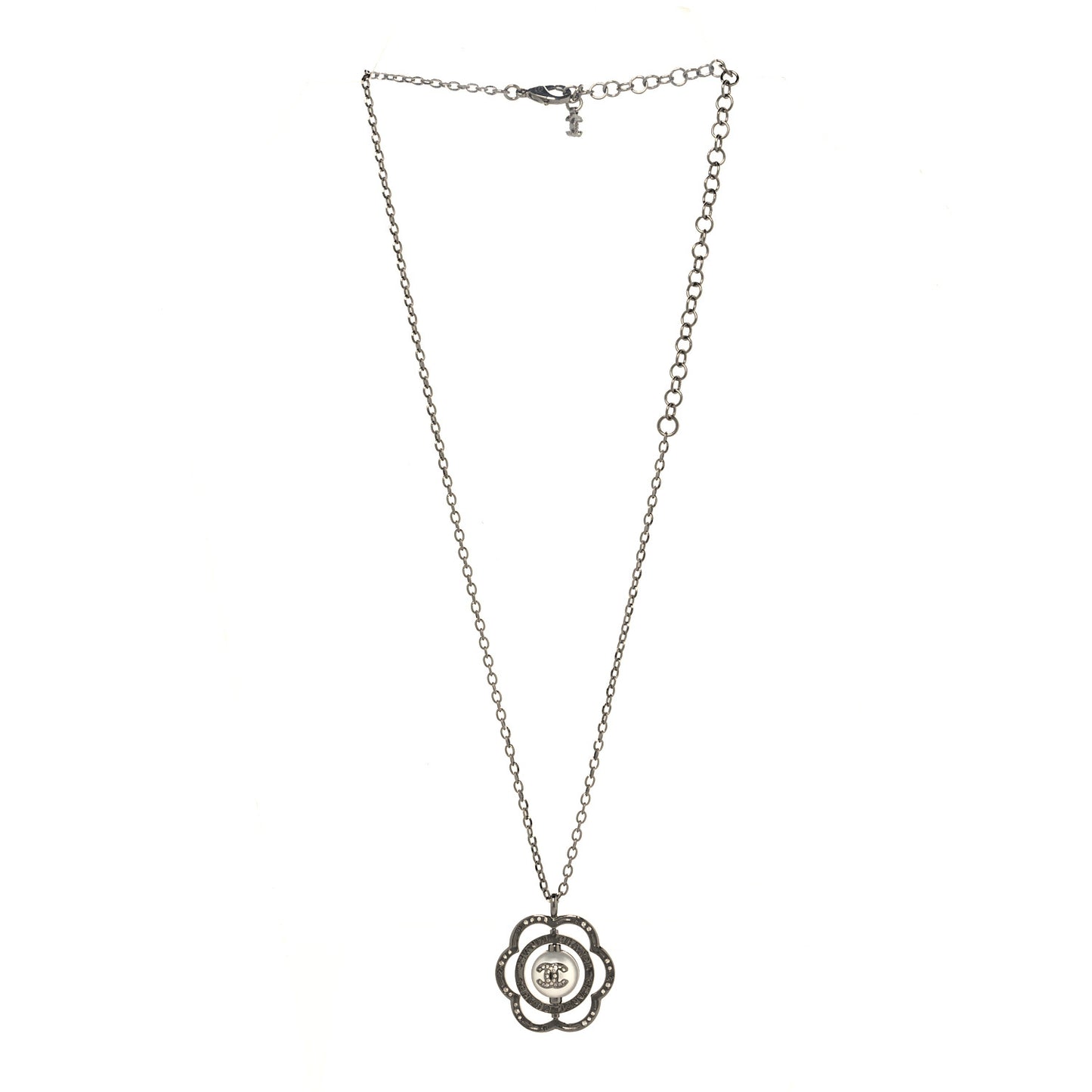 Metal Crystal Pearl CC Camellia Pendant Necklace Silver